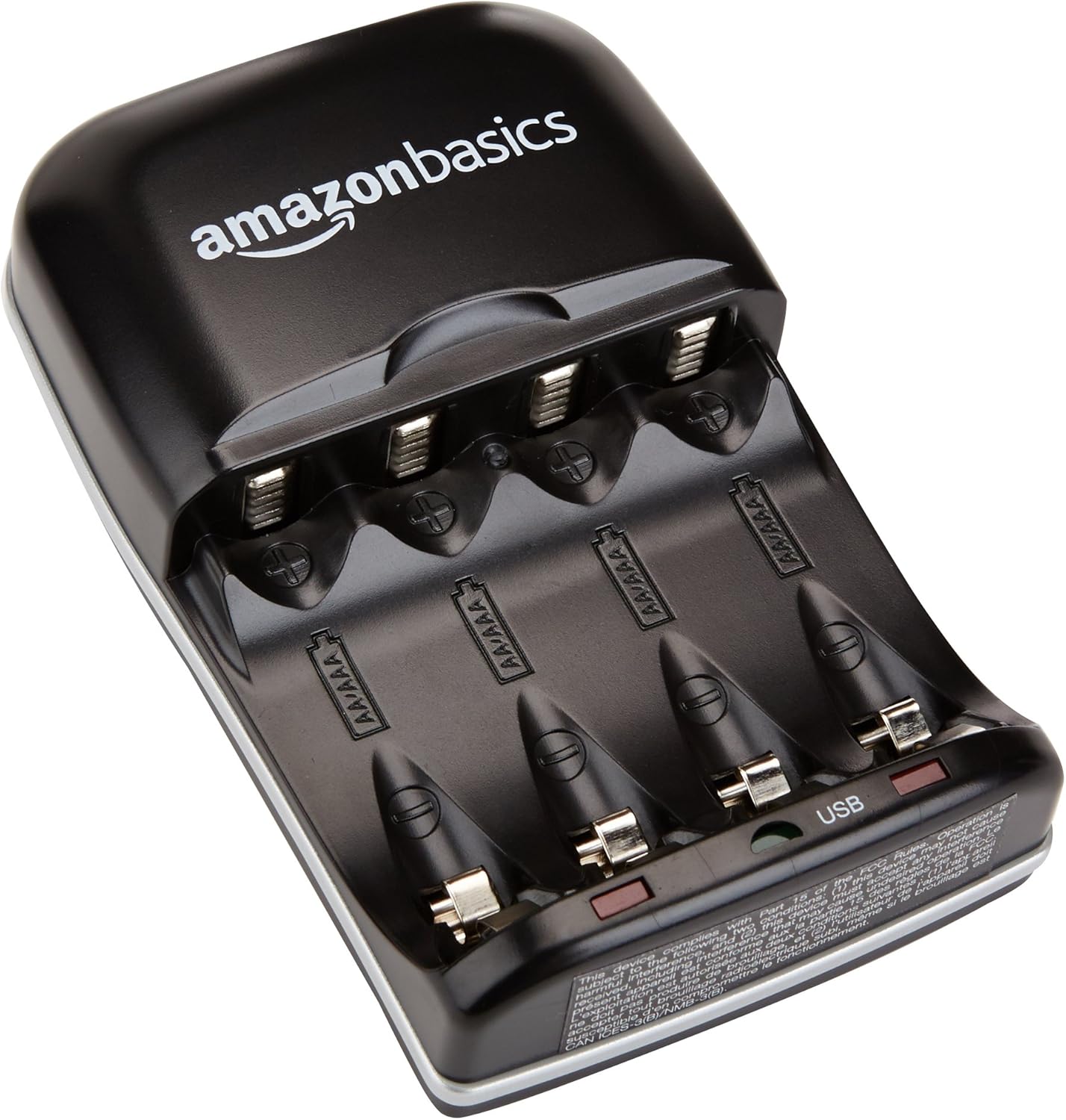 Amazon Basics Rechargeable Battery Charger for AA & AAA Ni-MH Batteries with USB Port, Portable, Travel-Friendly, Over-Charge Protection, Black