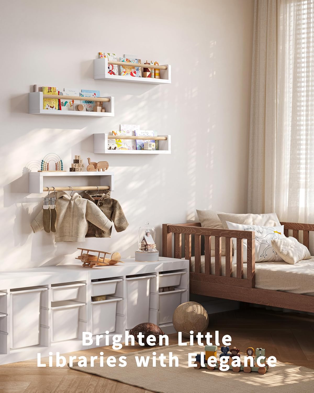 Nursery Book Shelves, 4 Pack, Wall Book Shelves for Kids Room, Baby, Toddler, Nursery Decor (White Wood, 16.5 Inches)