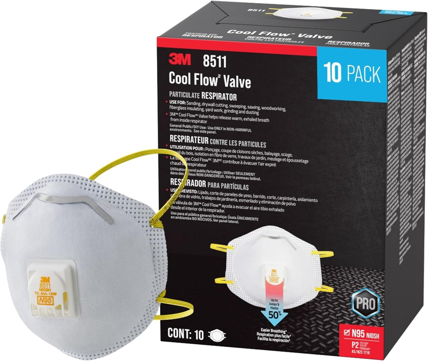 3M All-In-One Respirator, Best for Sanding, Fiberglass, Drywall, Painting, N95, Exhalation Valve Helps Direct Exhaled Air Downward, Relief From Dusts And Certain Particles, 10-Pack