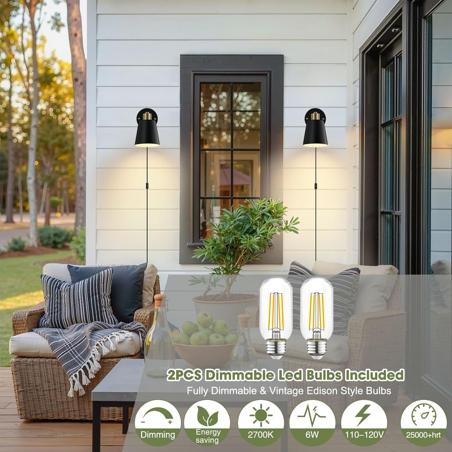 Plug in Wall Sconces Set of 2, Dimmable Wall Lights with Plug in Cord and Dimmer On/Off Knob Switch, Adjustable Angle Black Wall Mounted Lamp for Bedside Bedroom Living Room (2 Bulbs Included)
