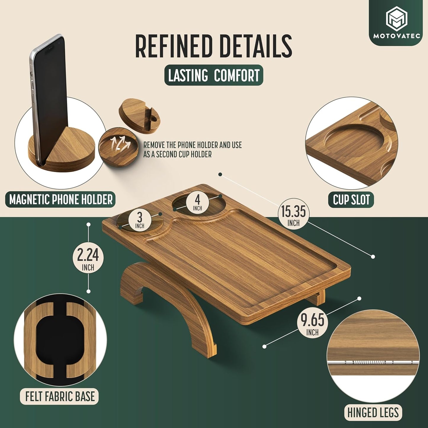 Acacia Wood Sofa Arm Tray - 3-in-1 Couch Arm Table with Phone Holder, Cup Placer & Foldable Tray - Armrest Clip-On Design for Couch with 360° Rotated Phone Holder