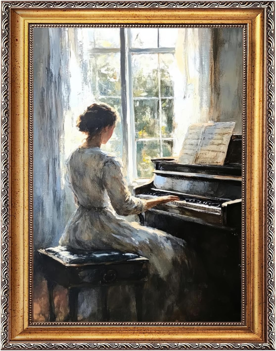 Large Framed Woman Playing Piano by the Window Canvas Wall Art Vintage Elegant Lady Oil Painting Poster Classical Music Artwork Print Impressionist Cottage Decor for Bedroom Home 24x36inch