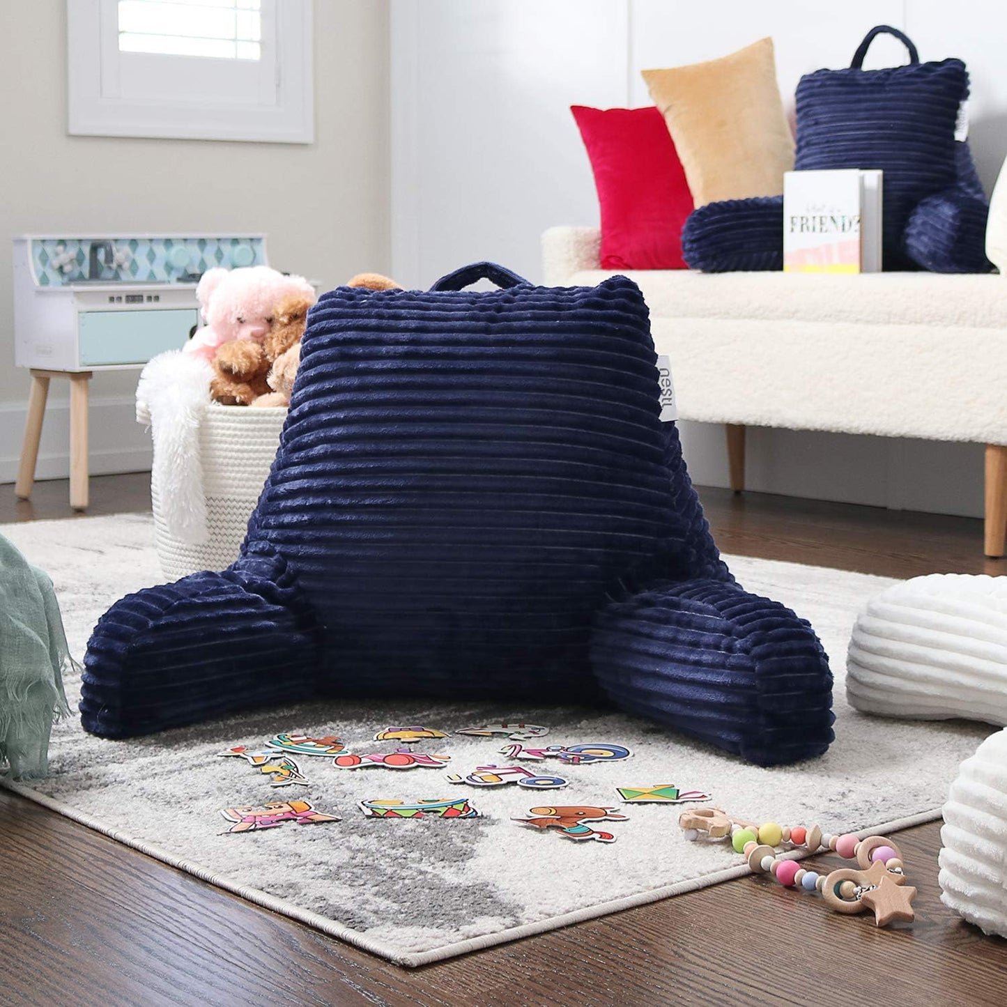 Nestl Reading Pillow with Shredded Memory Foam, Luxe Cut Plush Back Pillow for Sitting Up in Bed, Back and Arms Adjustable Support for Adult & Teens, Backrest Pillows with Washable Cover Navy Blue