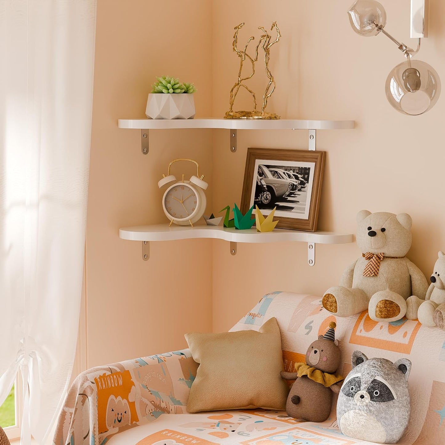 Cute Cloud Corner Shelves - Set of 2 White Wooden Floating Corner Shelves Wall Mounted, 90-Degree Space-Saving Nursery Shelves with Brackets, Kids Room Decor for Bedroom,Living Room,Bathroom