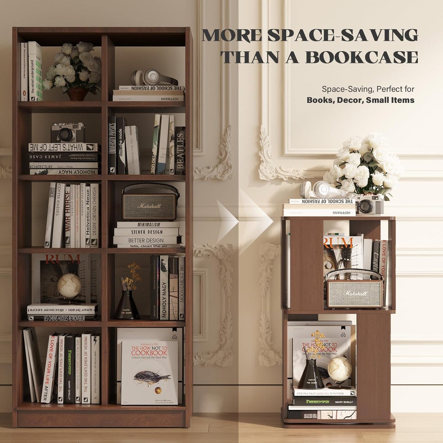 Easyego 2 Tier Solid Wood Rotating Bookshelf, 360° Upgrade Spinning Book Shelf, Revolving Bookcase Organizer, Swivel Bookshelves for Small Spaces, Corner, Bedroom, Kids Room, Office (Walnut)