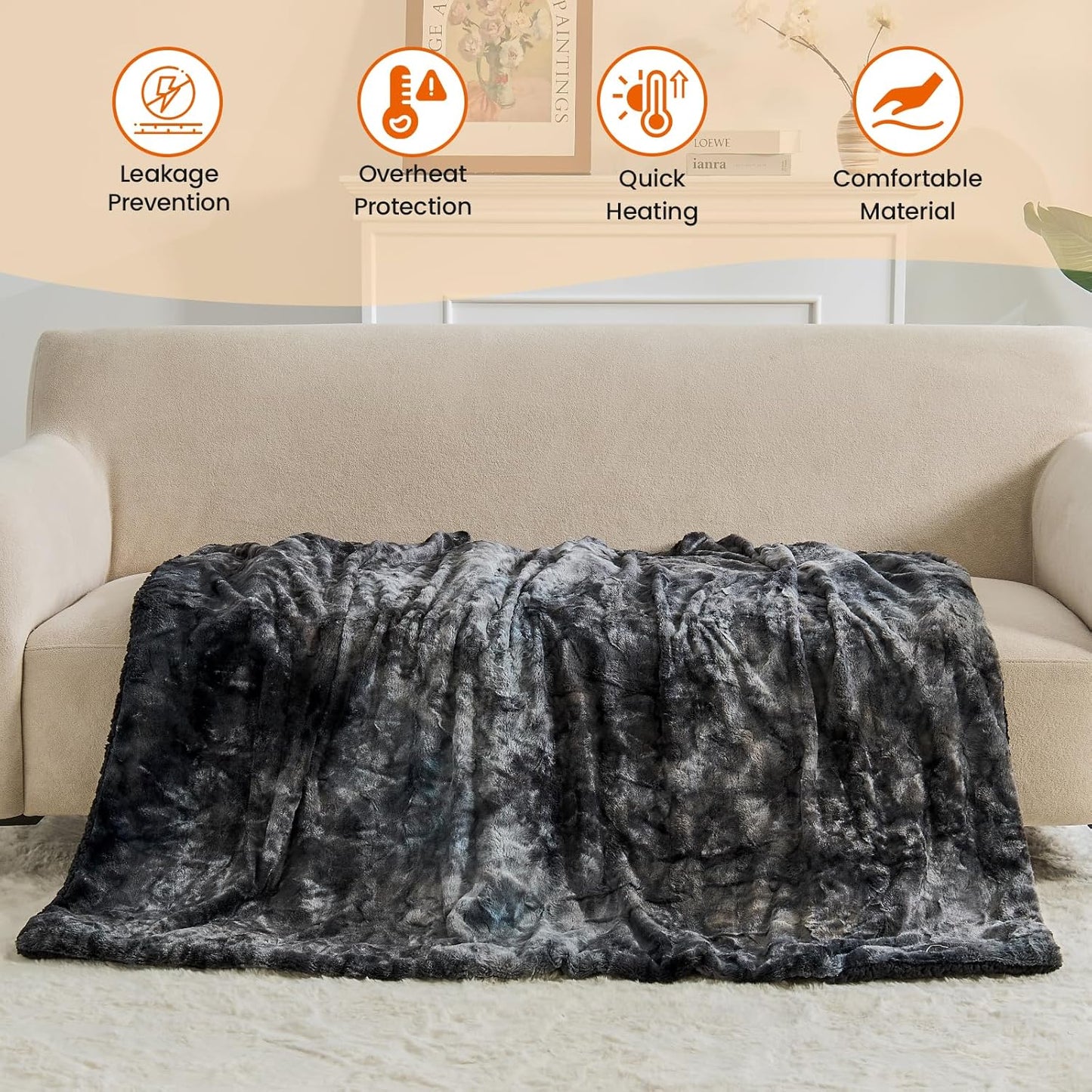 Electric Heated Throw Blanket - Faux Fur Sherpa 50"x60" Fast Heating Bed Blankets Throw with 6 Heating Levels & 4 Hours Auto Off, Over-Heat Protection ETL, Black