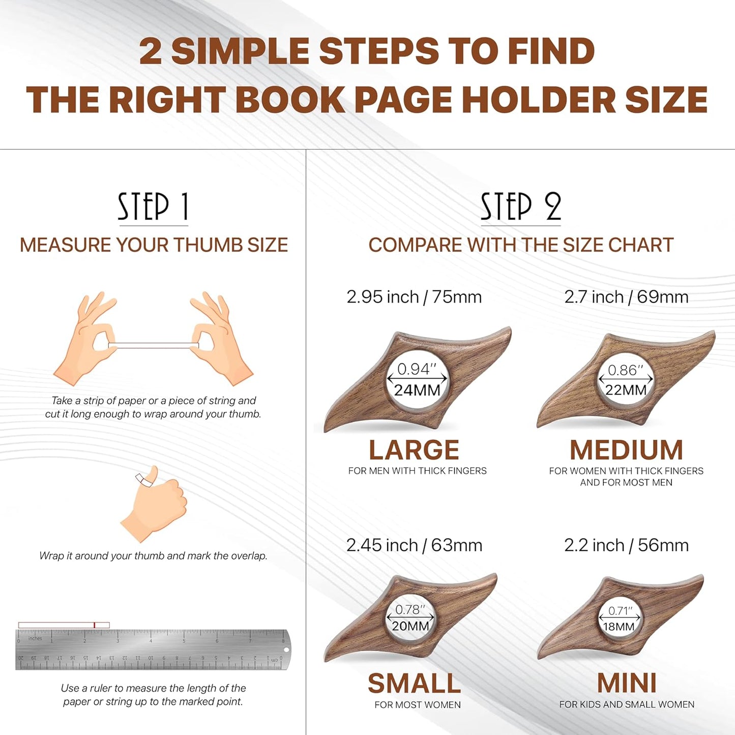 Walnut Book Page Holder, Smooth Finish Wood Book Holder for Reading, Ideal Book Reader Gifts & Reading Accessories,Book Worm Gifts for Women, Thumb Book Page Holder (Large-N)