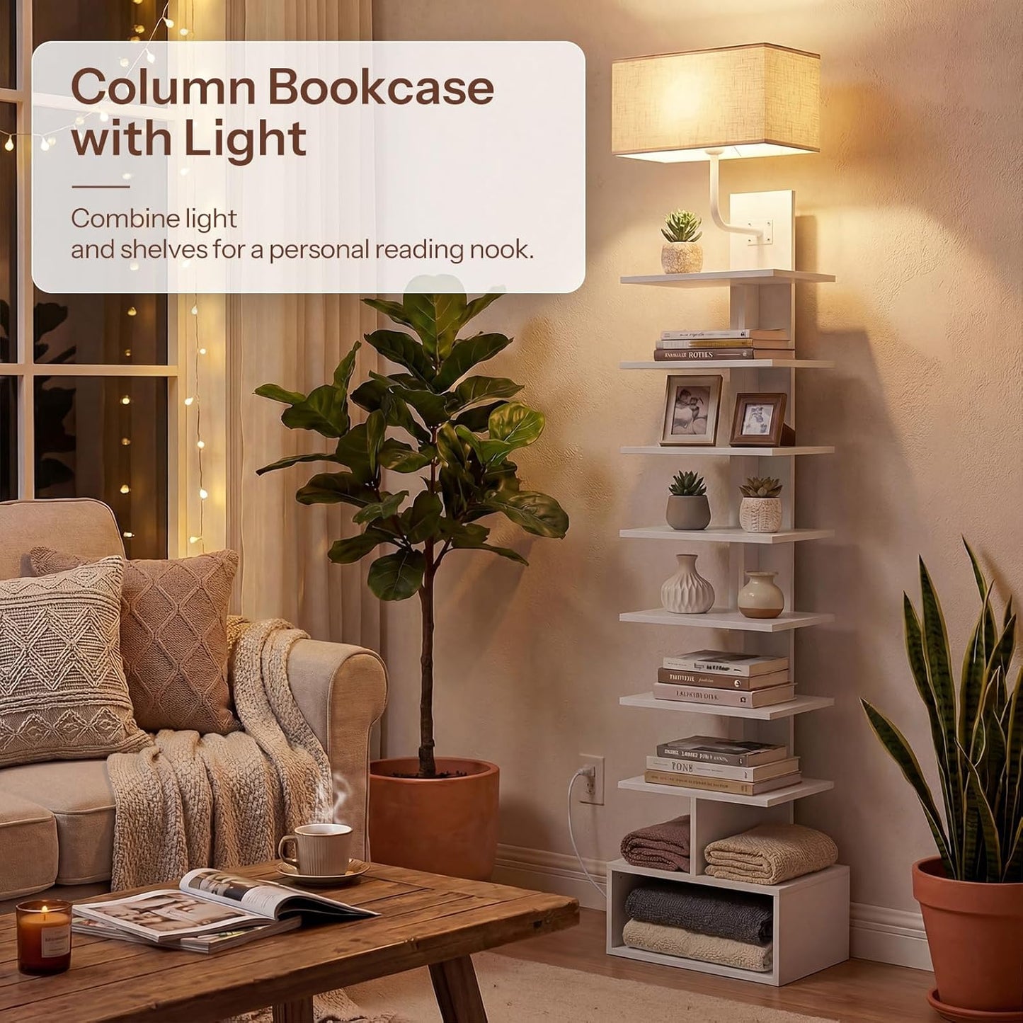HOOBRO Narrow Bookshelf, 9-Tier Lamp Bookshelf with Light, Spine Book Shelf for Small Apartment, Tall Floor Standing Book Organizer, for Living Room, Office, Bedroom, White WW09DSJ01