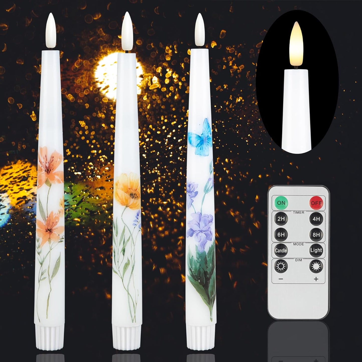 Spring Flameless Taper Candles with Flowers, 9.6" Real Wax LED Candles with Remote, 3 Pack Flickering Candlesticks Battery Operated, Fake Candle for Home, Wedding, Party Decor