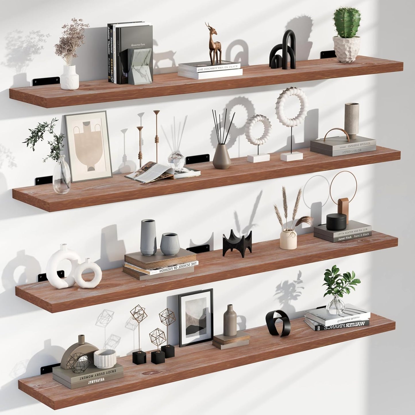 48 Inch Floating Shelves Set of 4, Rustic Brown Solid Wood Wall Mounted Shelves with 200 lbs Capacity, 4ft Heavy Duty Farmhouse Wall Shelving for Living Room, Kitchen, Bedroom & Bathroom