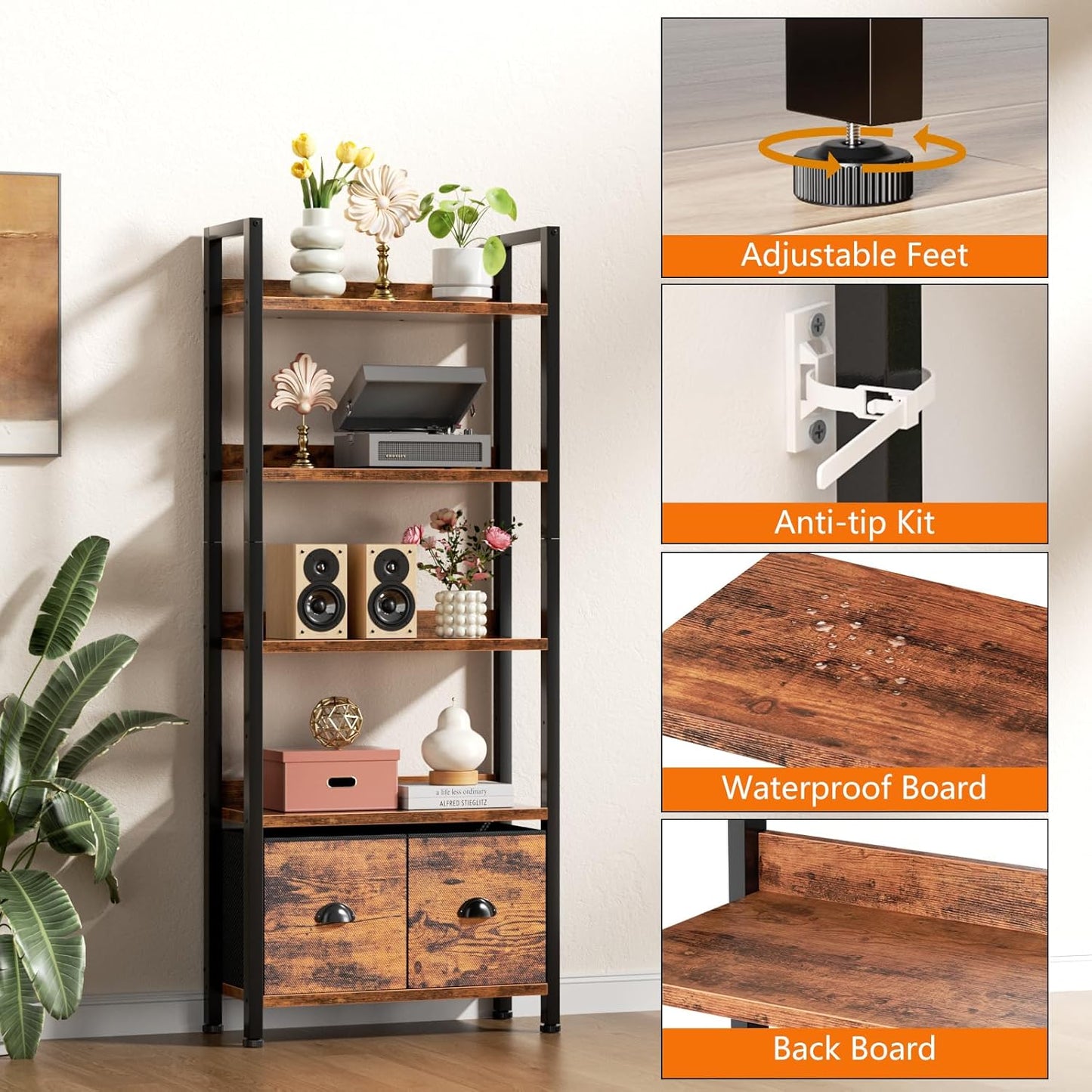 Furologee 5-Tier Bookshelf, Tall Bookcase with 2 Storage Drawers, Industrial Standing Storage Shelf, Wood Metal Display Rack for Living Room Bedroom Home Office, Rustic Brown