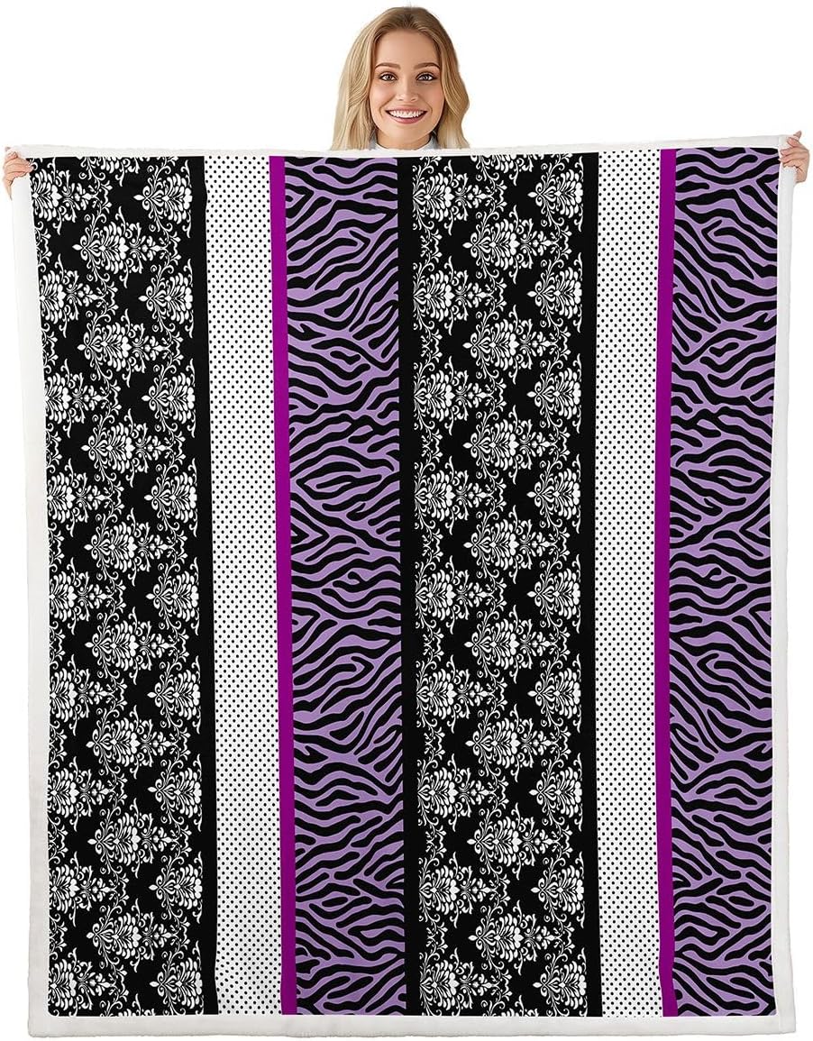 Feelyou Zebra Print Sherpa Throw Blanket for Couch Purple Black Polka Dot Damask Super Soft Cozy Fleece Safari Animal Blanket for Winter, Plush Throw Baby 30"x40" All Season