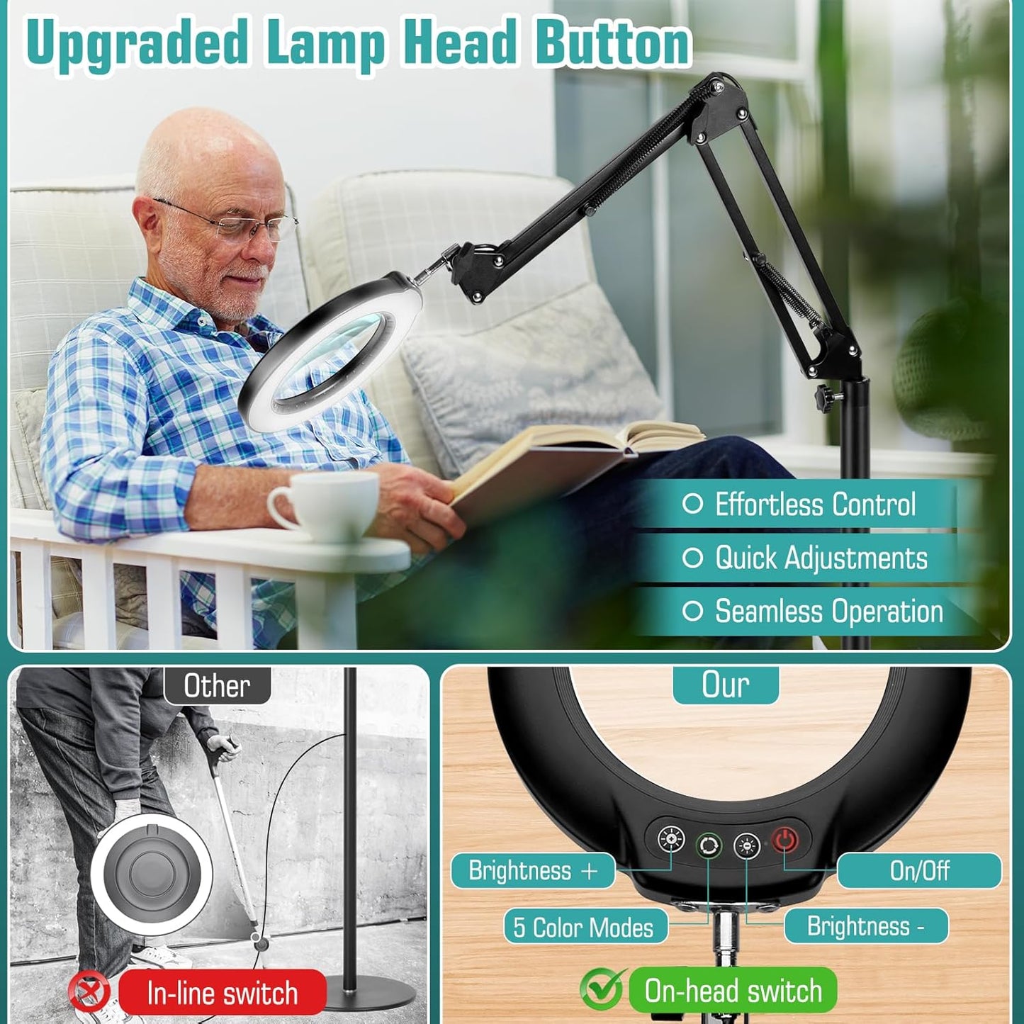 10X Magnifying Glass with Light and Stand, Real Glass Lens (Not Acrylic), 5 Color Modes, Stepless Dimmable, LED 3-in-1 Floor Lamp, Swing Arm with Clamp, Lighted Magnifier Hands Free for Craft, Reading