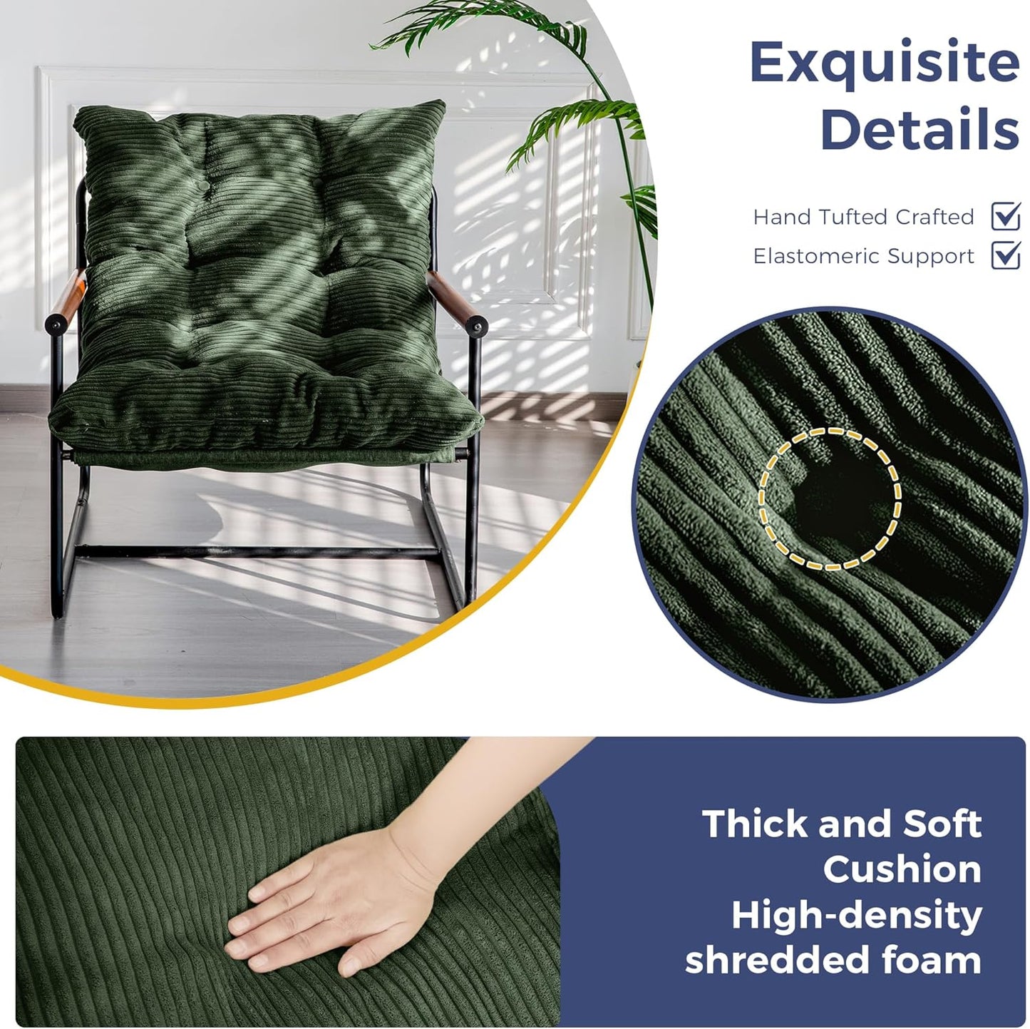 MAXYOYO Modern Accent Chair, Comfy Living Room Chair with Metal Frame Wooden Armrest, Upholstered Armchair with Soft Cushion for Bedroom Balcony Lounge Reading Room, Dark Green