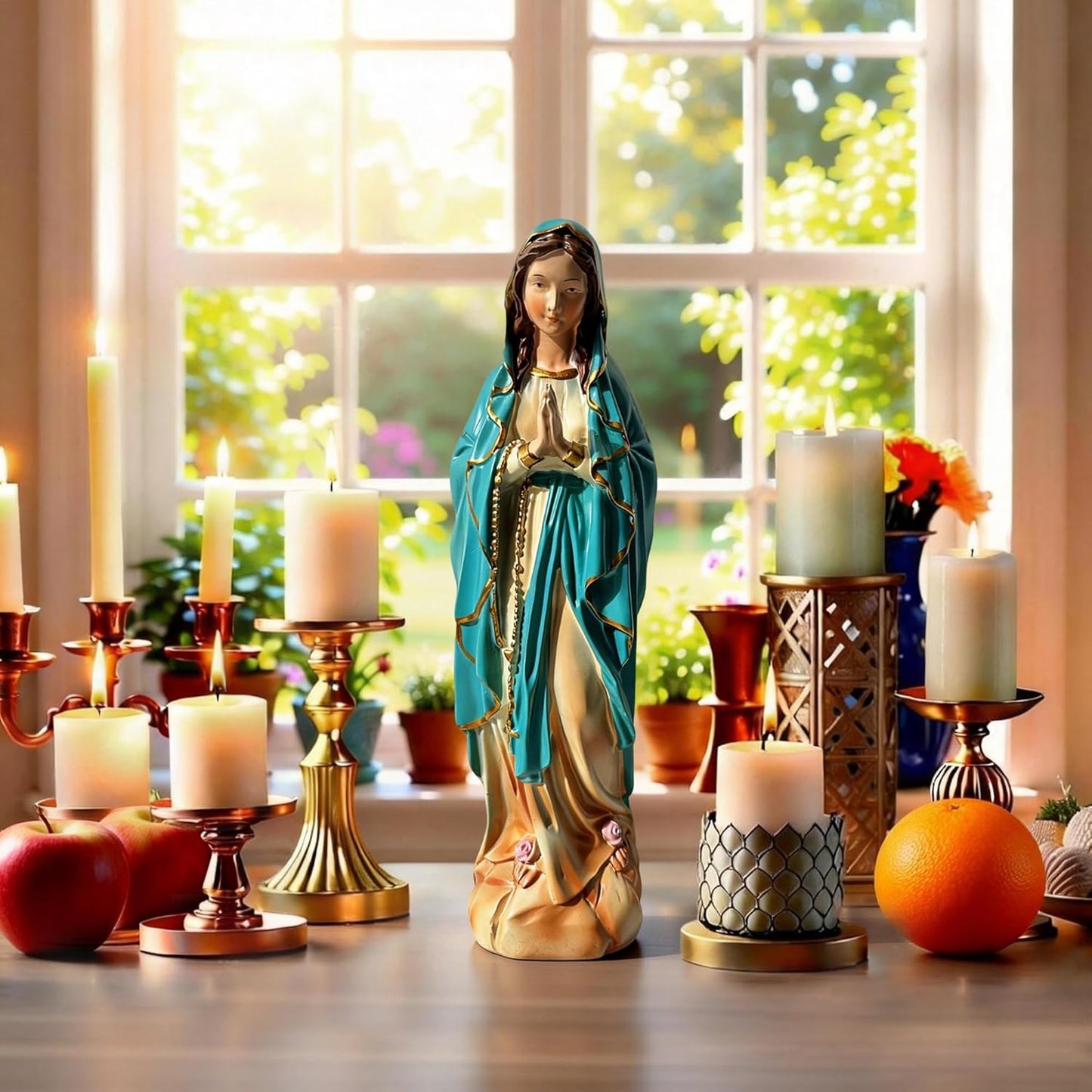 11 Inch Virgin Mary Praying Statue, Symbol of Peace and Faith, Handcrafted Teal Blue Robe Decor for Home, Mantel, Prayer Corner, Entryway Table, Bookshelf, Prayer Space and Chapel