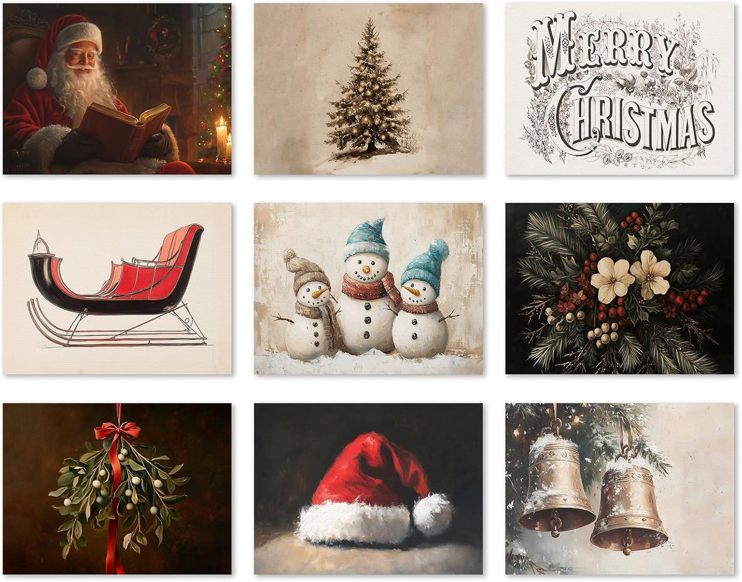 9pcs Christmas Canvas Wall Art, Vintage Santa Claus Reading Book Poster, Rustic Xmas Tree Painting, Warm Snowman Family Picture, Sleigh & Santa Hat Print, Flowers Christmas Prints 8x12in Unframed