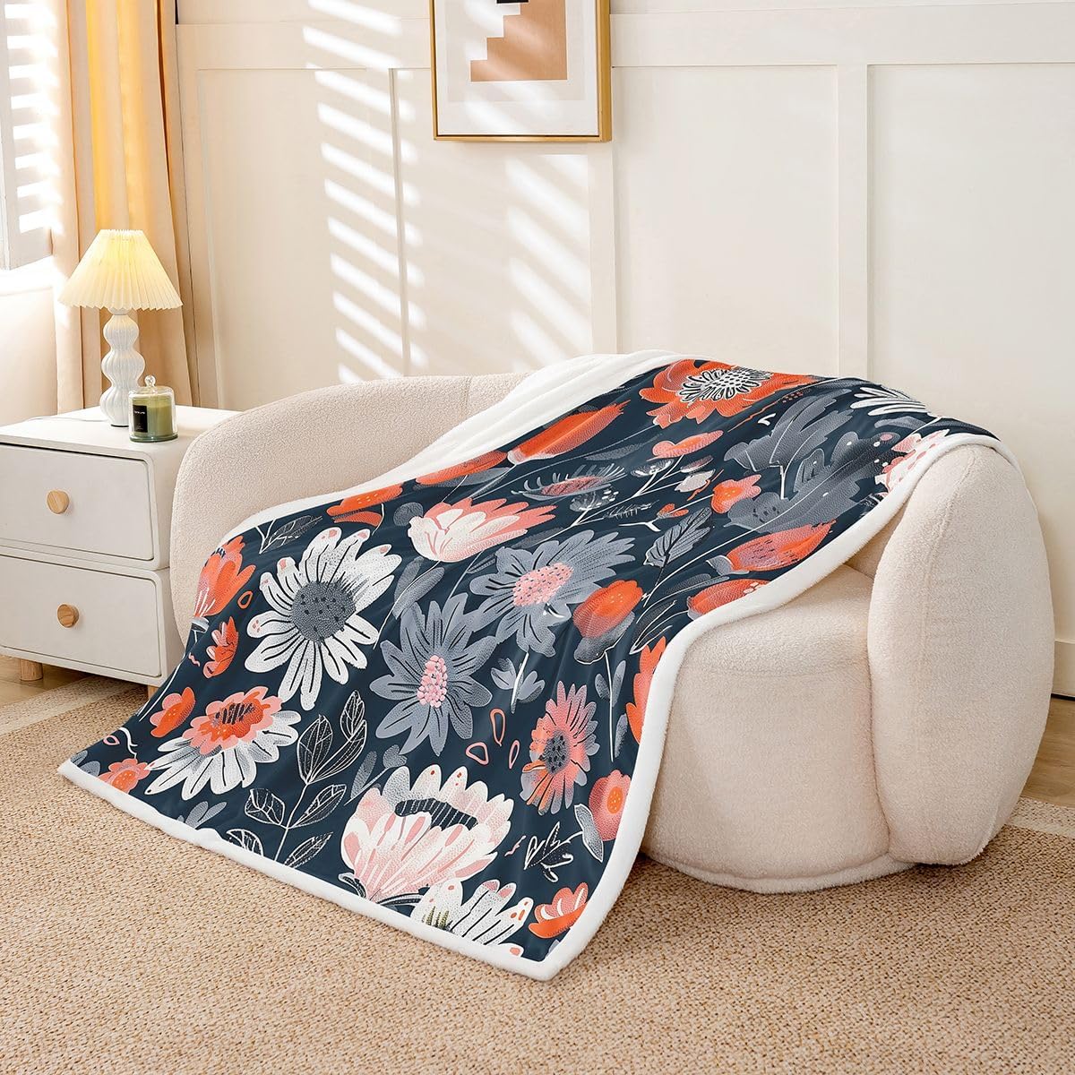 Feelyou Vintage Sherpa Throw Blanket for Couch Boho Neutral Super Soft Cozy Fleece Flowers Blanket for Winter, Plush Throw Throw 50"x60" All Season