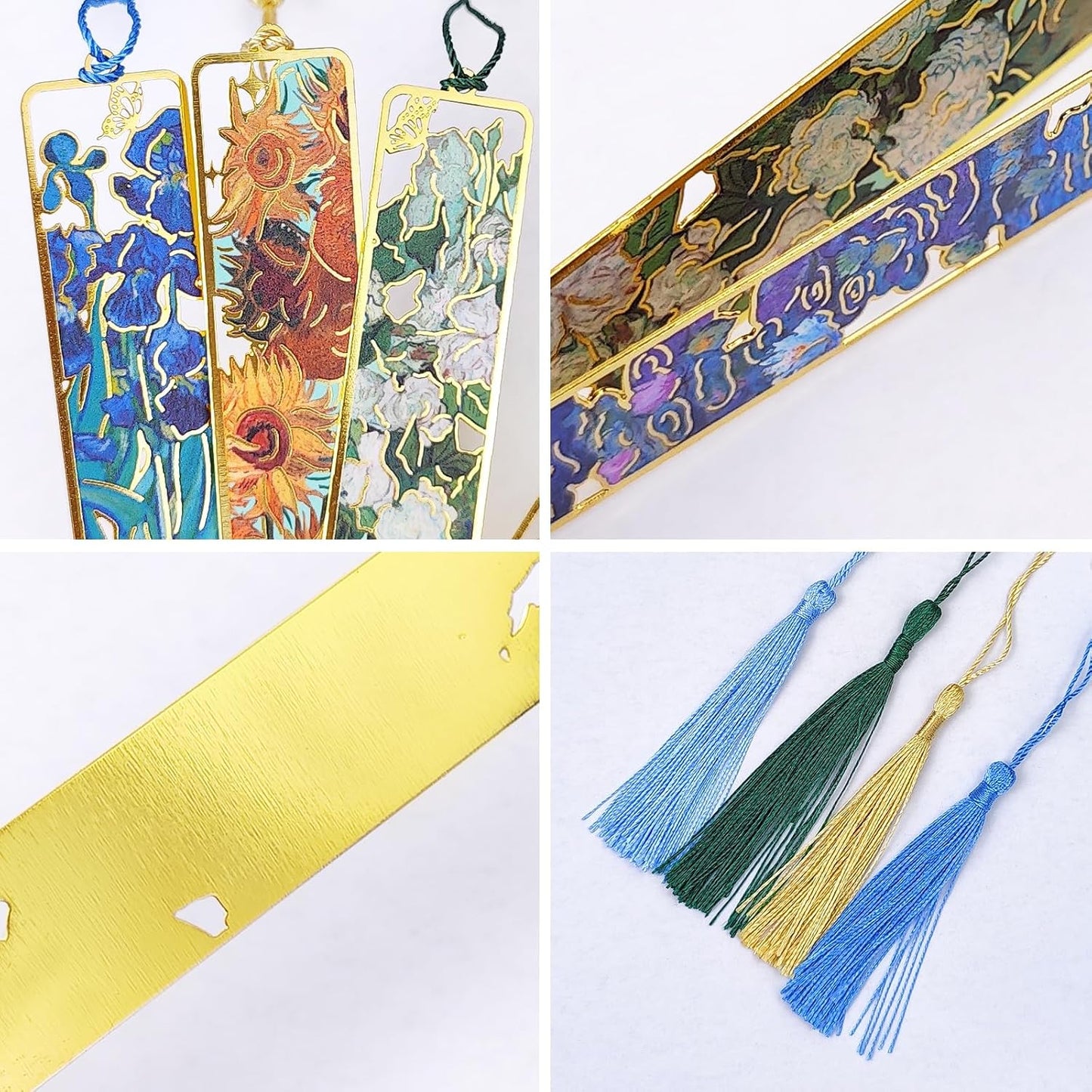 4 Piece Metal Bookmark Set, Vintage Van Gogh & Monet Oil Painting Theme with Tassels, Hollow Floral Design Aesthetic Reading Accessories for Women, Book Lovers Gifts for Readers