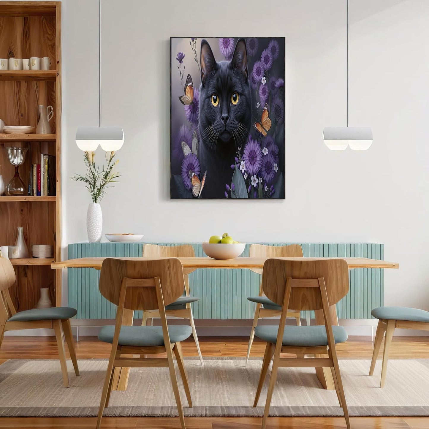 GDJSMIN Watercolor Style Wall Art, Animal Black Cat Purple Flowers Design Poster for Reading Room Living Room Decor 24 x 36 inch Unframed