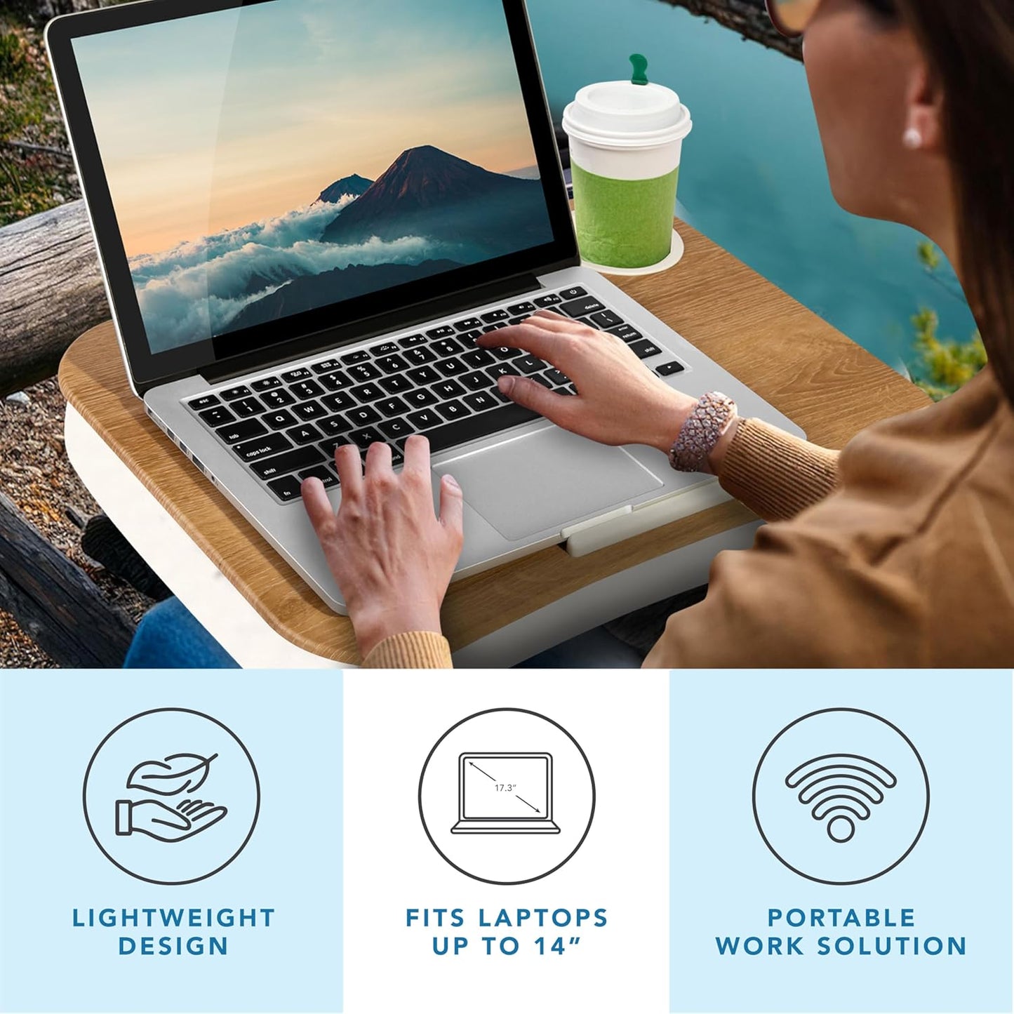 LAPGEAR Cup Holder Lap Desk with Device Ledge - White Oak Woodgrain - Fits up to 14 Inch Laptops - Style No. 46329