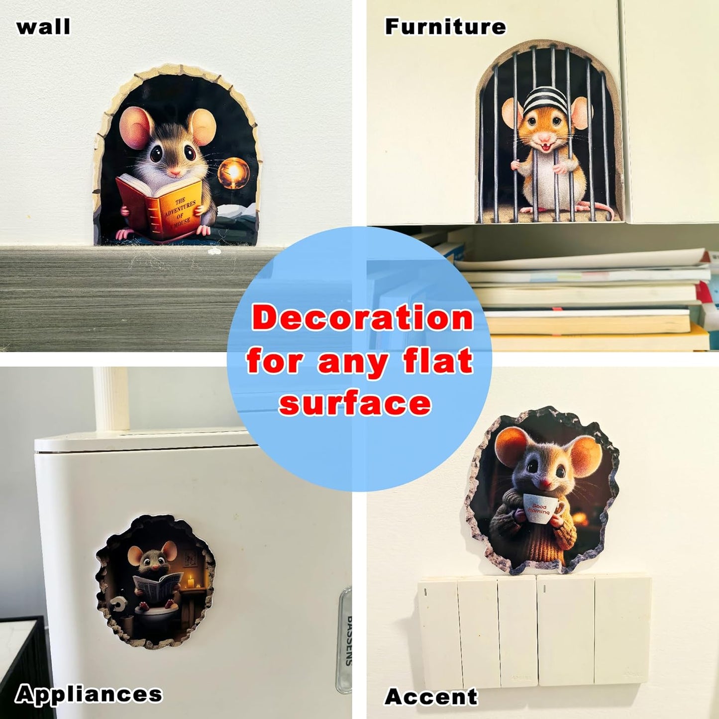 5PCS 3D Mouse Hole Wall Decals Peel and Stick Christmas Funny Whimsical Murals Wallpaper Art Decor Wall Stickers for Kids Room Door Playroom Stair Riser Bathroom Kitchen Nursery