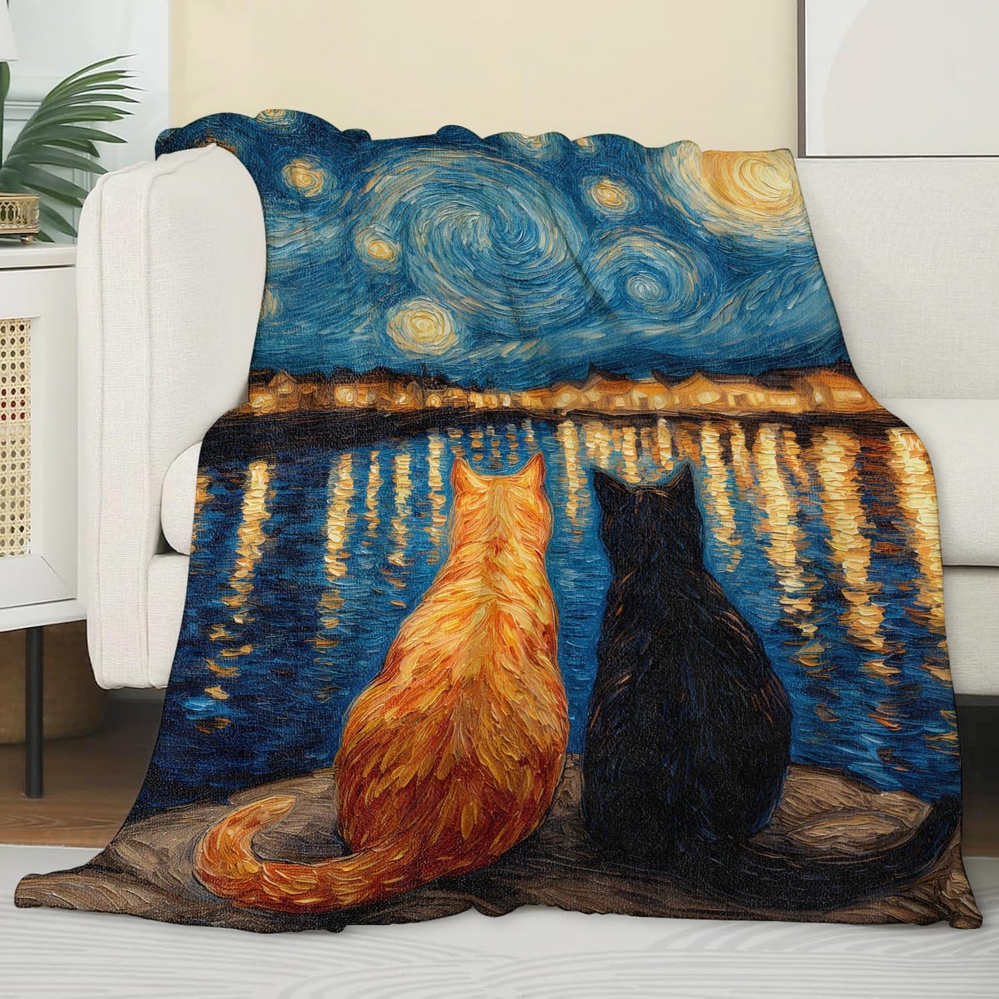 Cat Flannel Blanket, Soft Cozy Throw with Kitten Starry Night, Oil Painting Dreamy Home Bedroom Decor and Gifts for Women Kids Girls, Lightweight Blankets for All Seasons, 50x60 Inch