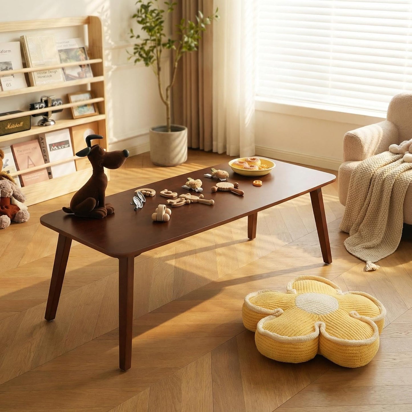 Folding Coffee Table-Puzzle Table for Kids, Japanese Floor Table with Legs - Large Solid Wood Low Coffee Table, Collapsible Living Room Center for Small Spaces, Dorm, or Game Night