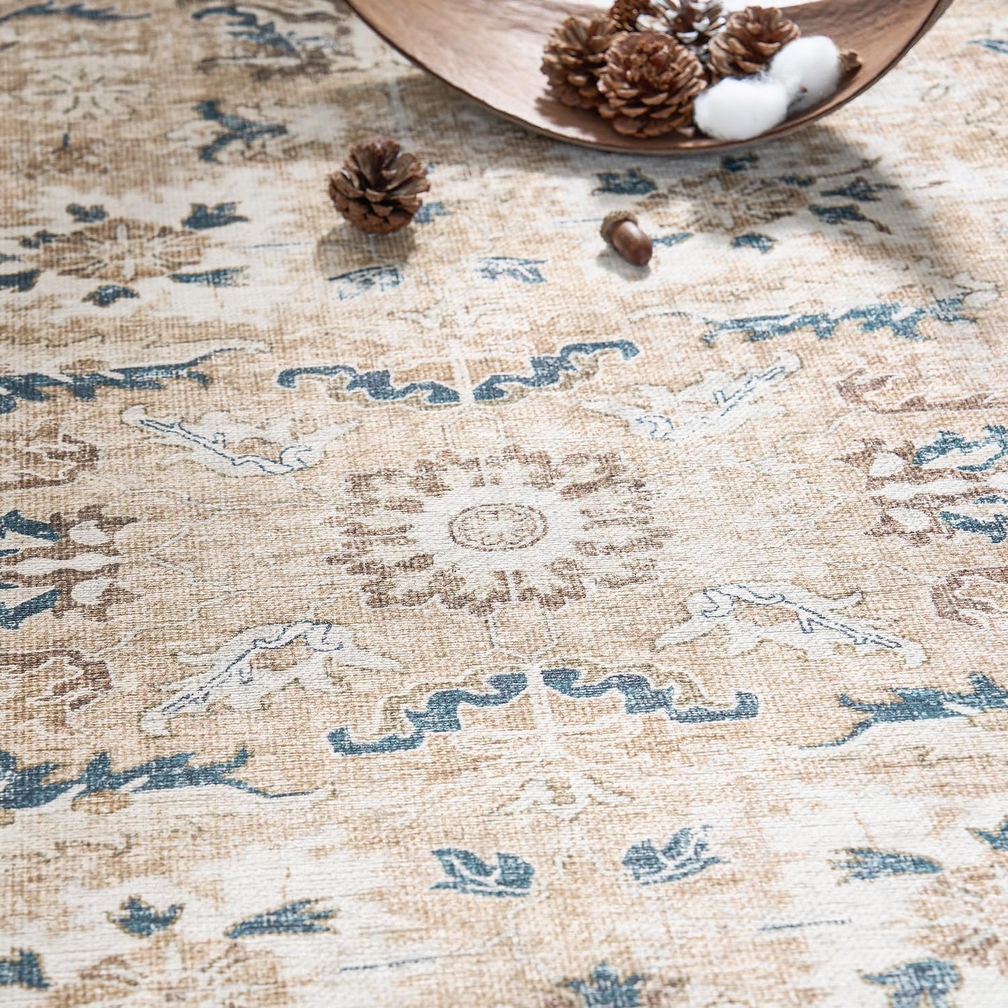 jinchan Round Rug 4ft Area Rug - Washable Boho Vintage Floral Circle 4' Round Floor Cover Lightweight Low Pile Thin Throw Non-Slip Carpet for Kitchen Living Room Bedroom Dining Room Office Pink Blush