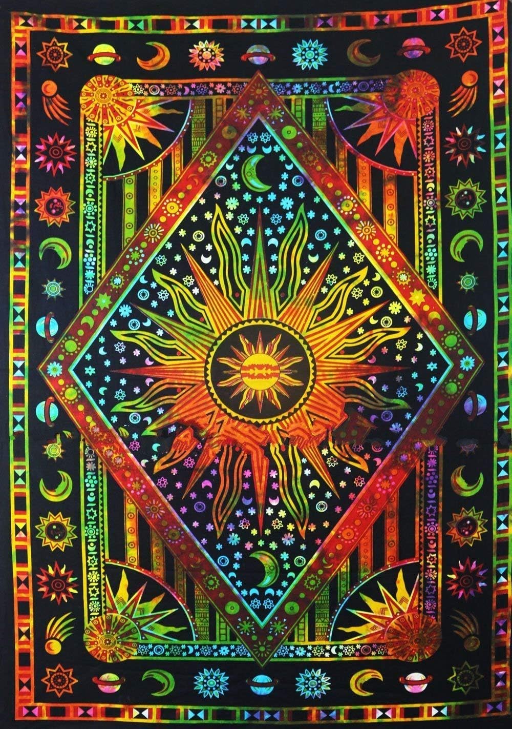 ANJANIYA Burning Sun Tie Dye Wall Hanging, Celestial Sun Moon Star Planet Bohemian Poster Tarot Boho Hippie Tapestry Beach Coverlet Curtain (Orange Multi, 30"X40")
