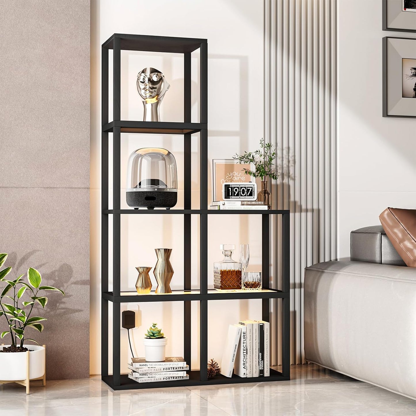 Display Shelf with LED Light Standing Floor Lamp with Glass Storage Shelves for Collectibles, 5 Tier Tall Corner Shelf Open Curio Cabinet for Living Room, Bedroom, Office, Home Decor