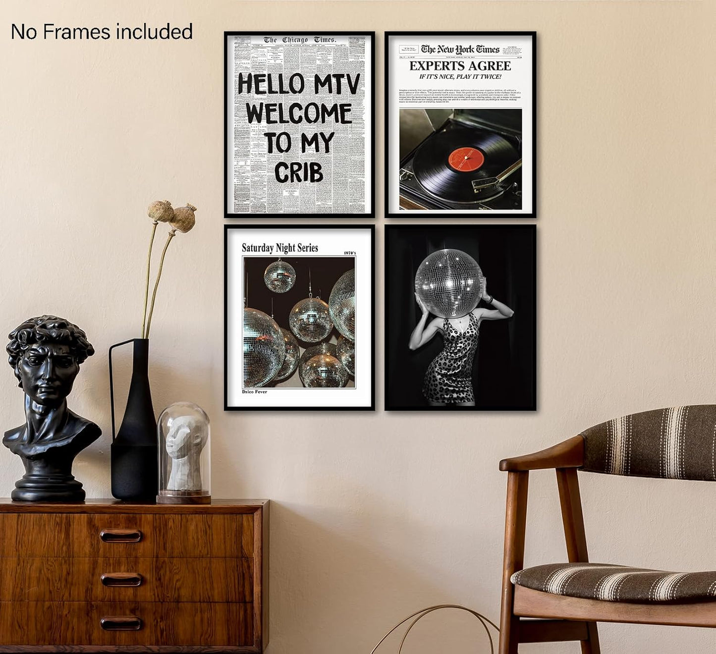 KDHTY Vintage 70s Disco Ball Newspaper Prints Wall Art,Retro Room Cheetah Print Decor,Trendy Black And White Newspaper Wall Art,Record Player Poster for Room Aesthetic,Vintage Decor for College Apartment 8x10 Unframed 4 Pcs