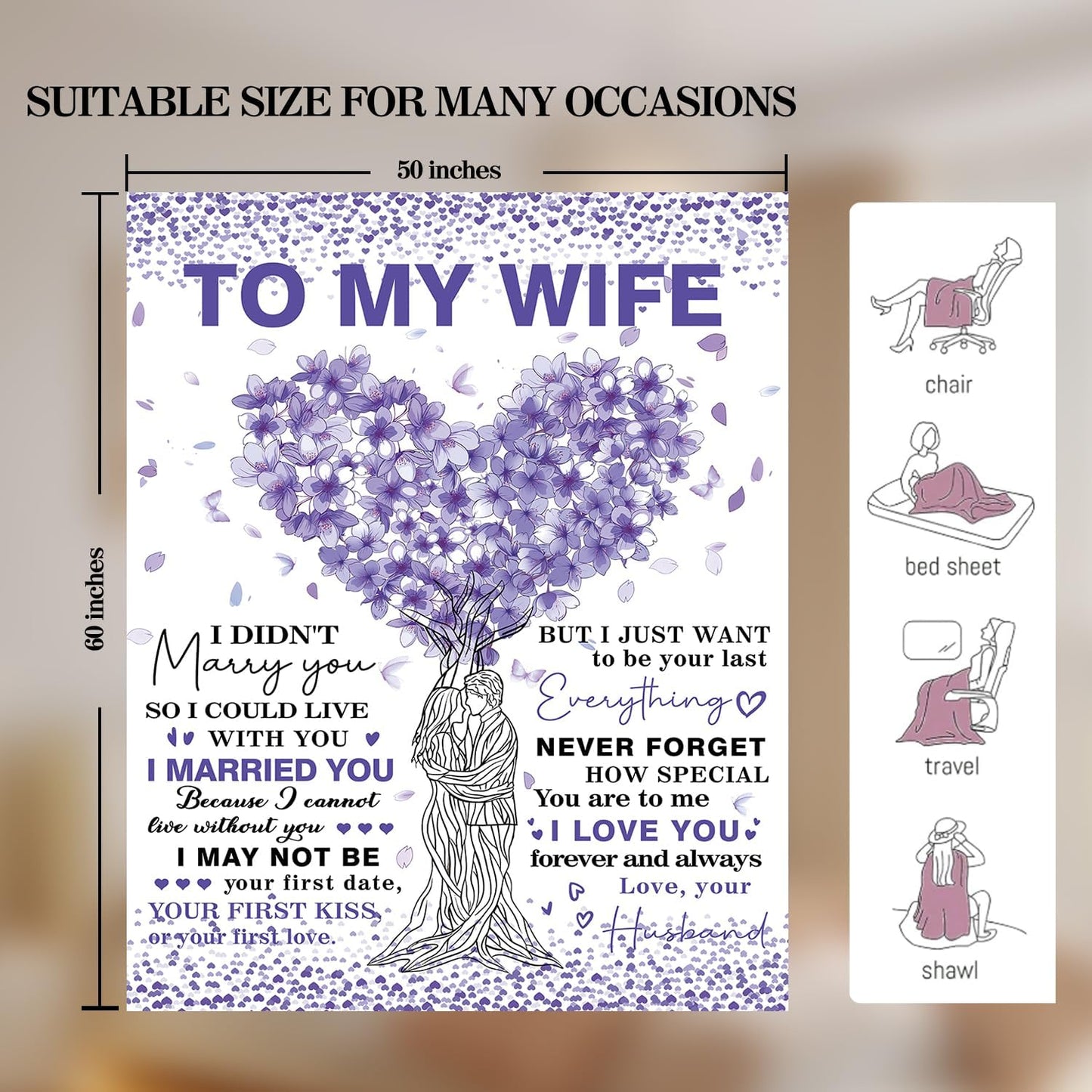 to My Wife Blanket Anniversary Birthday Gifts for Wife from Husband Best Women Birthday Gift Ideas for Her Christmas Valentines Day Romantic I Love You Gift for Her 50"x60"（Purple）