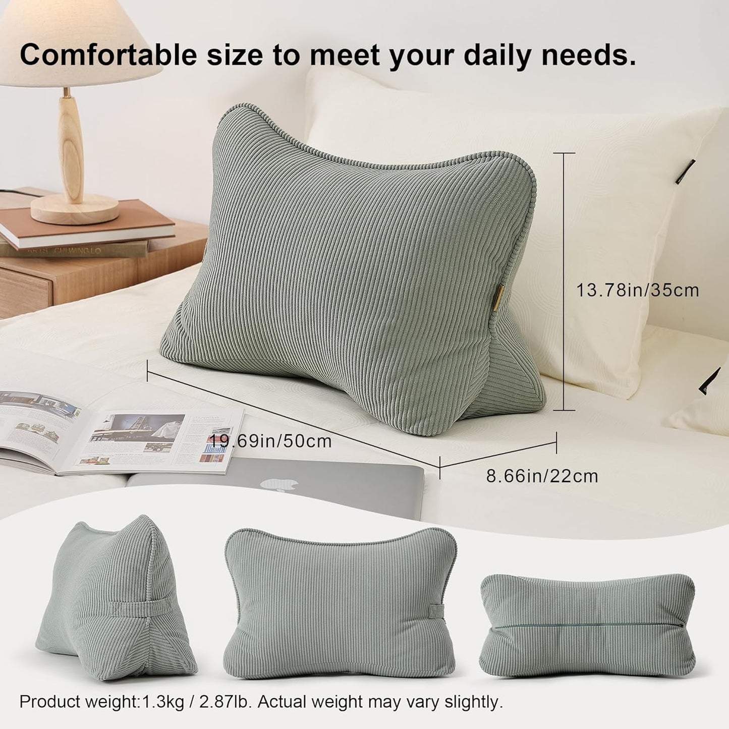 Corduroy Lumbar Support Back Pillow for Sitting Up & Reading, Ergonomic Triangle Back Support Cushion for Sofa, Armchair & Bed, Removable Washable Cover, Grey Green