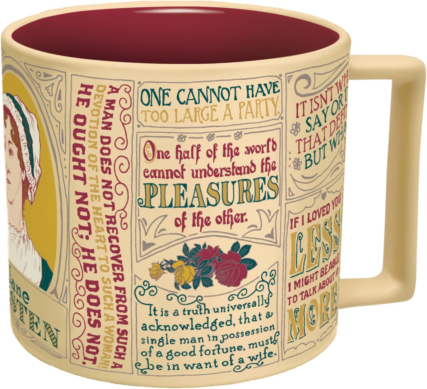The Unemployed Philosophers Guild Jane Austen Coffee Mug - Austen's Most Famous Quotes and Depictions, Comes in a Fun Gift Box, 14 oz
