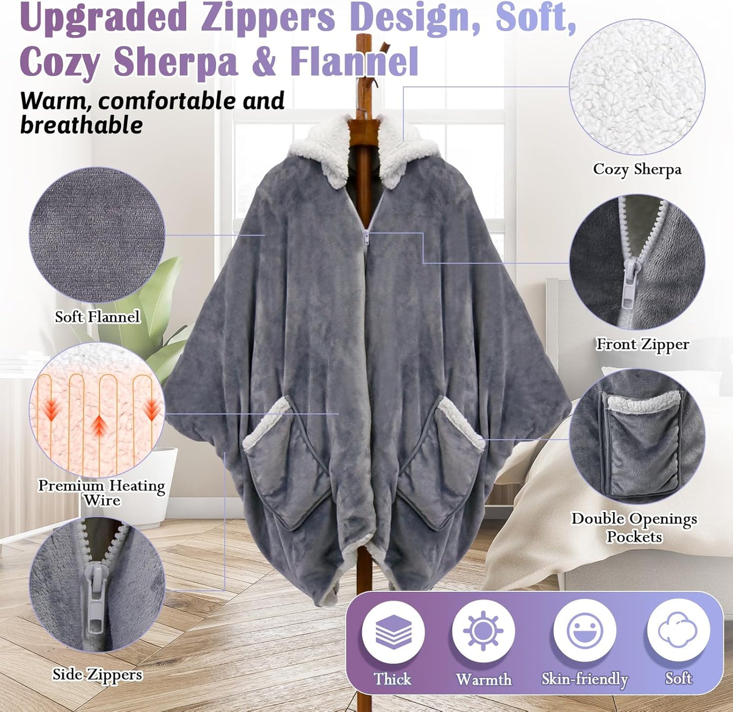Wearable Heated Blanket Heated Shawl, Electric Throw Blanket with Zipper Design, Hood, Heated Hoodie Blanket with 8 Heat Levels, 1-10H Auto-Off Time Settings, Gift for Family, Friends, 60 * 50"