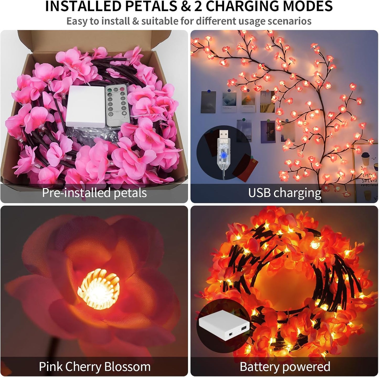 Cherry Enchanted Willow Vine Lights 7.55FT 144LED Pink Cherry Blossom Tree Branch Lights for Wall, Remote Timer,8 Light Model,Bedroom Wall Doors Wedding, Christmas, USB Battery Box
