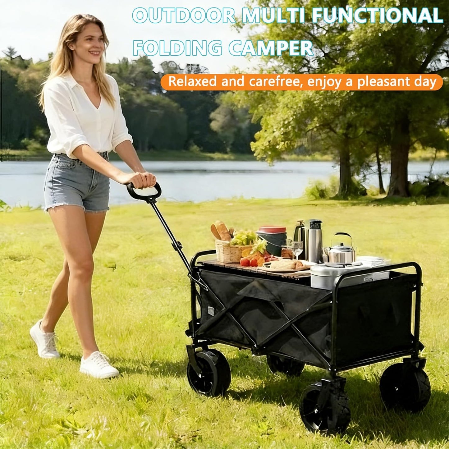 SNZ Heavy-Duty Collapsible Wagon Cart - 120L Capacity, 220lbs Capacity, 360° All-Terrain Wheels, Foldable Utility Cart for Camping, Beach, Garden, Grocery Shopping & Outdoor (Without Table Top)