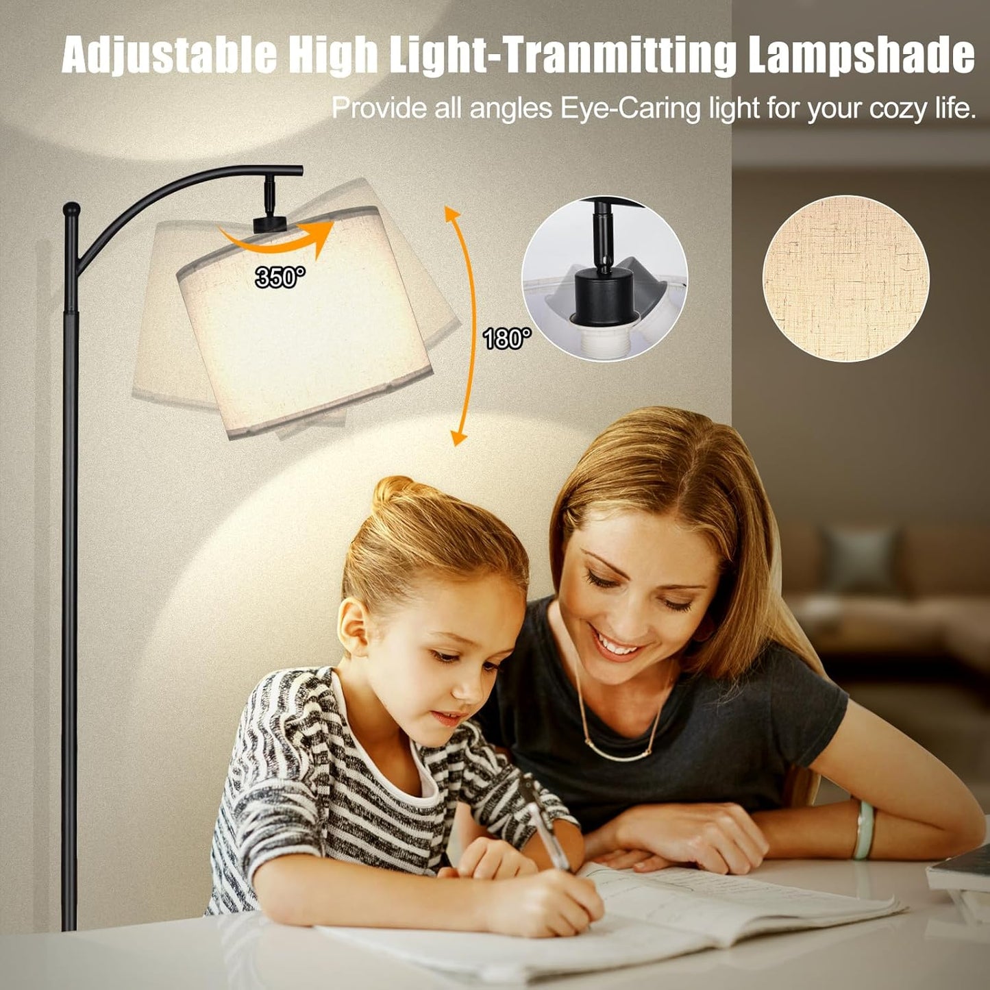 LED Floor Lamps for Living Room, 12W 1200LM Modern Arc Floor Lamp with Remote & Adjustable Linen Lampshade, 12 Color Temperature Stepless Dimmable Tall Standing Lamp (Beige Shade)