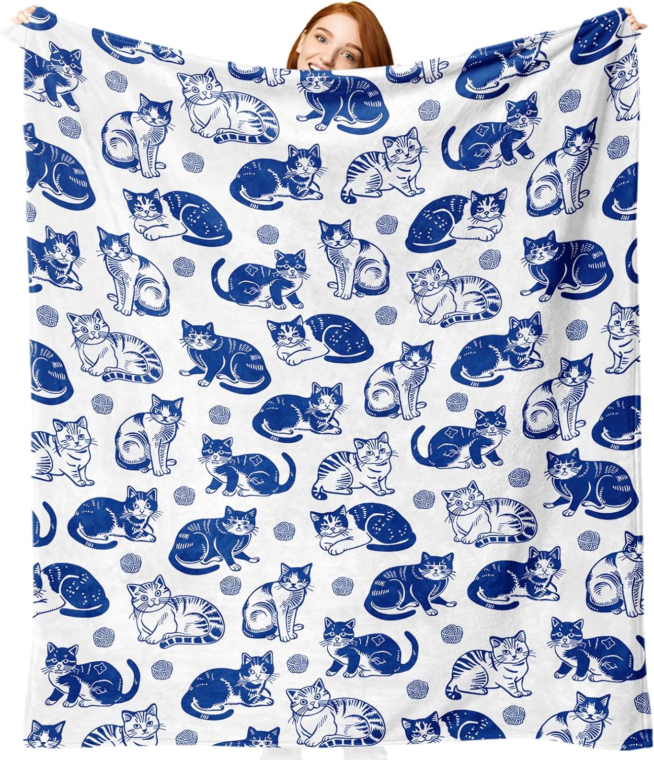 Blue White Cat Flannel Throw Blanket, Cute Yarn Ball Birthday Gifts for Kids Men Women Pet Owner Lover, Vintage Soft Blankets for Bedding Sofa 50" x 60"