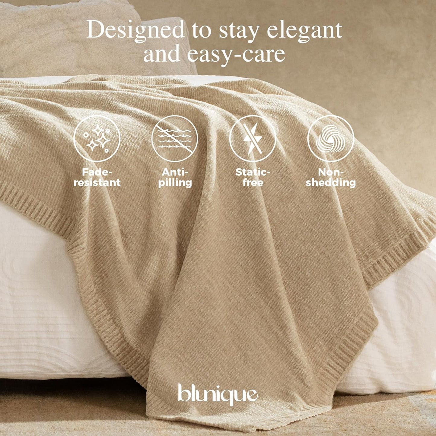Chenille Throw Blanket for Couch, Cozy Soft Blanket Lightweight Decorative Throw for Living Room Sofa Chair, Stylish Home Decor, Ideal for Gifting, Beige 50"x60"