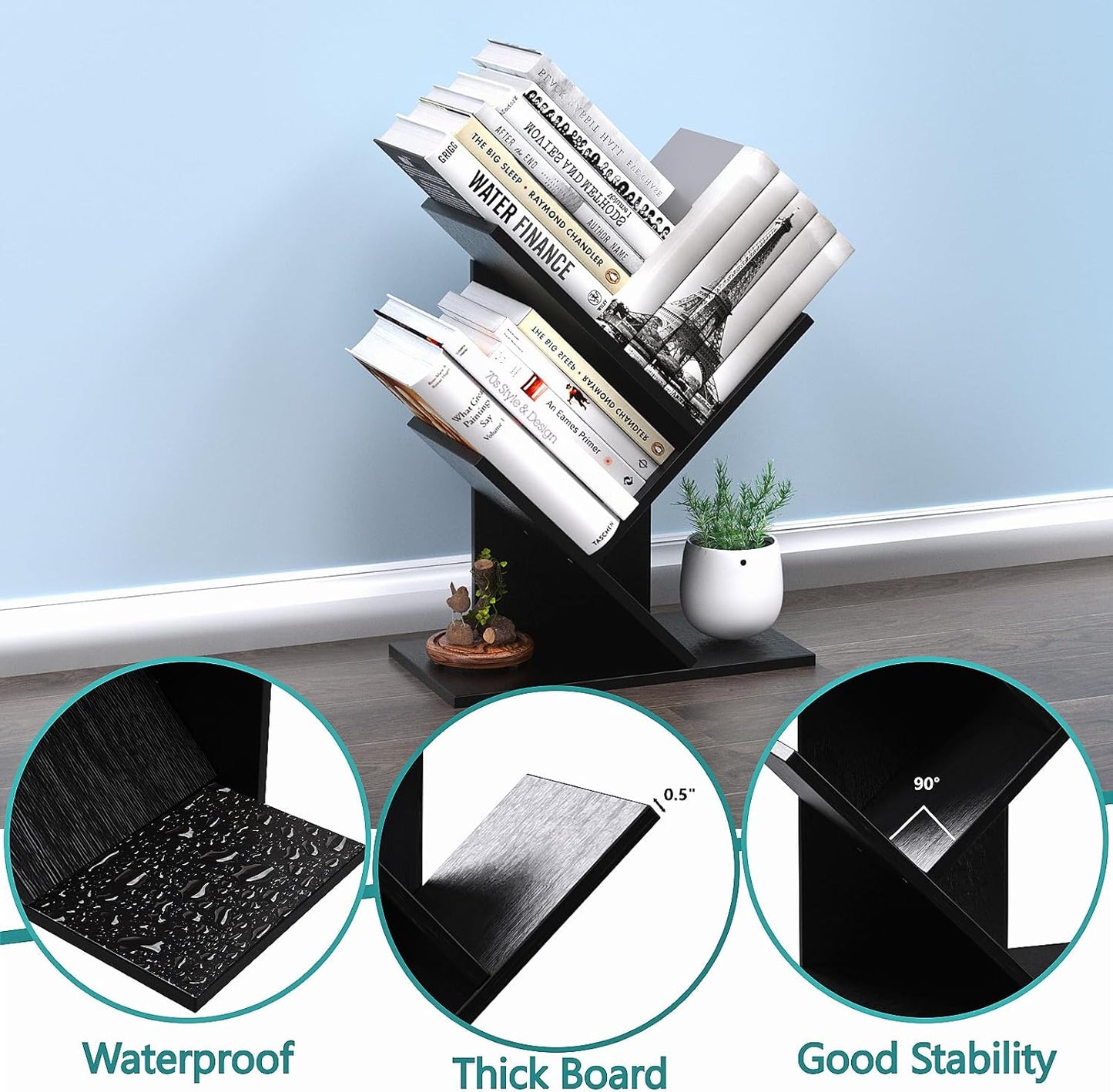 R RUISHENG 3 Tier Small Tree Bookshelf Storage Organizer Shelves Floor Standing Bookcase Desk Wood Storage Rack for Home Office Living Room Bedroom Display for Book Magazine CD Manga Black