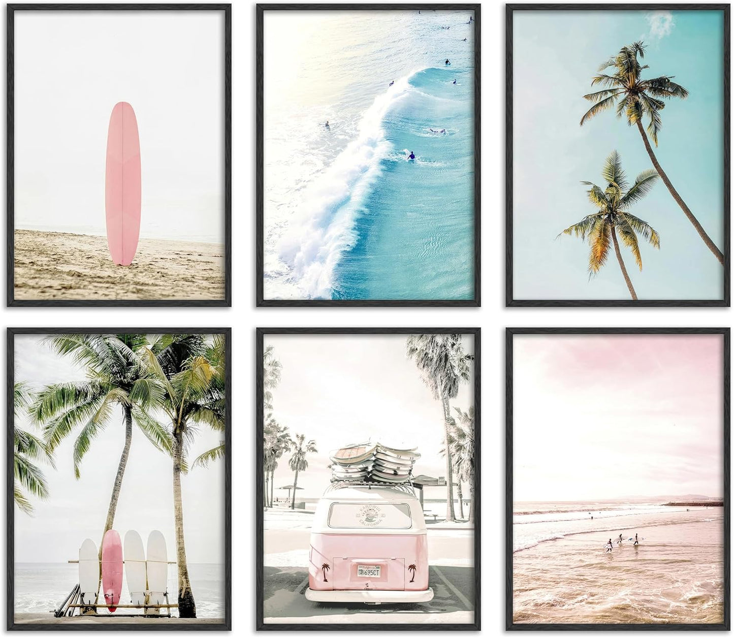 6PCS Preppy Aesthetic Beach Canvas Wall Art Pink Surfboard Palm Tree Ocean Waves Posters Prints Paintings Coastal Summer Pictures Wall Decor for Teen Girls Bedroom Dorm Bathroom Unframed