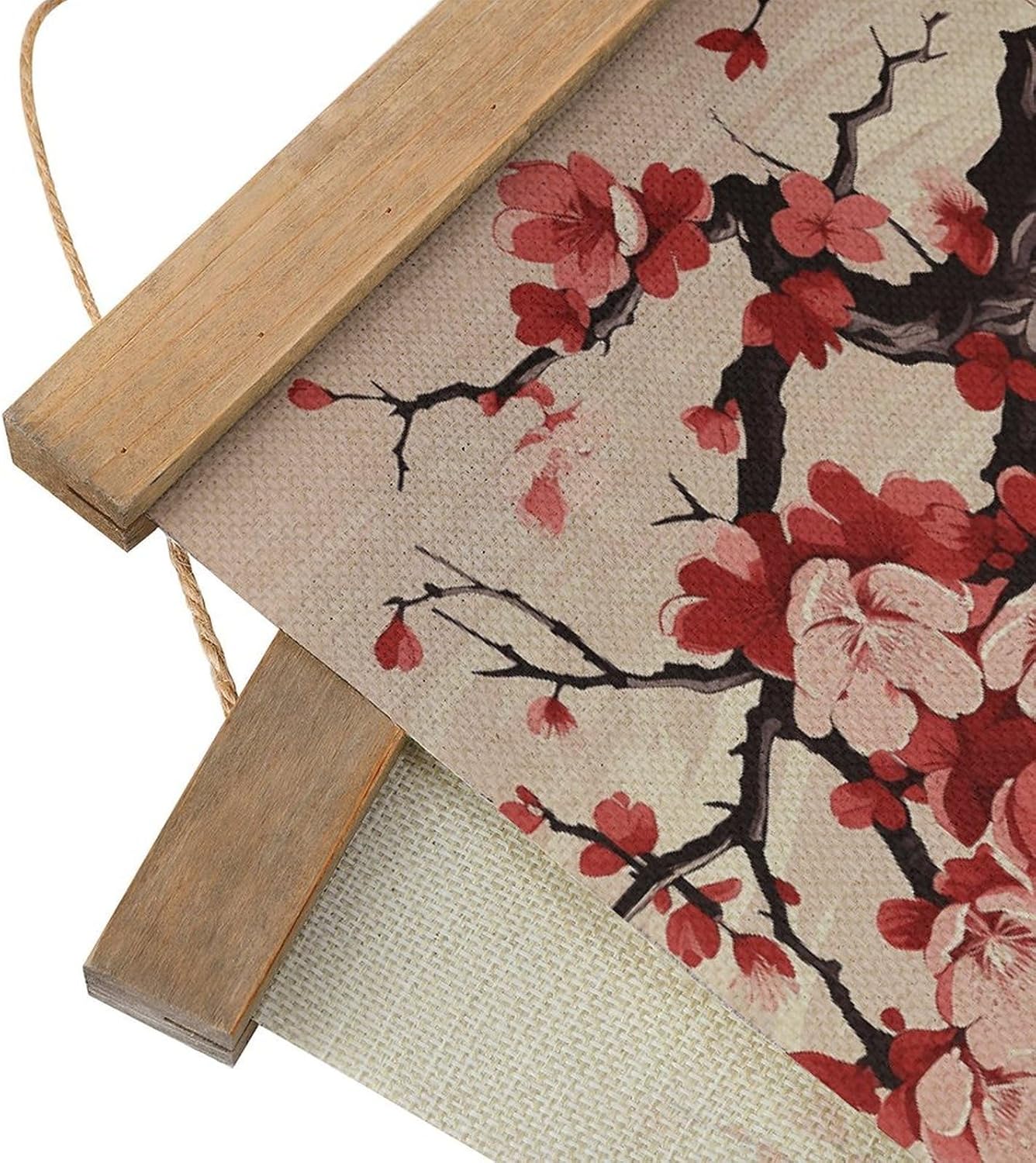 Vintage Japanese Floral Cherry Blossom Poster with Wooden Frame Personalized Linen Hanging Scroll Painting Rustic Wall Hanging Illustrative Modern Artwork Decor for Home Living Room Bedroom Office