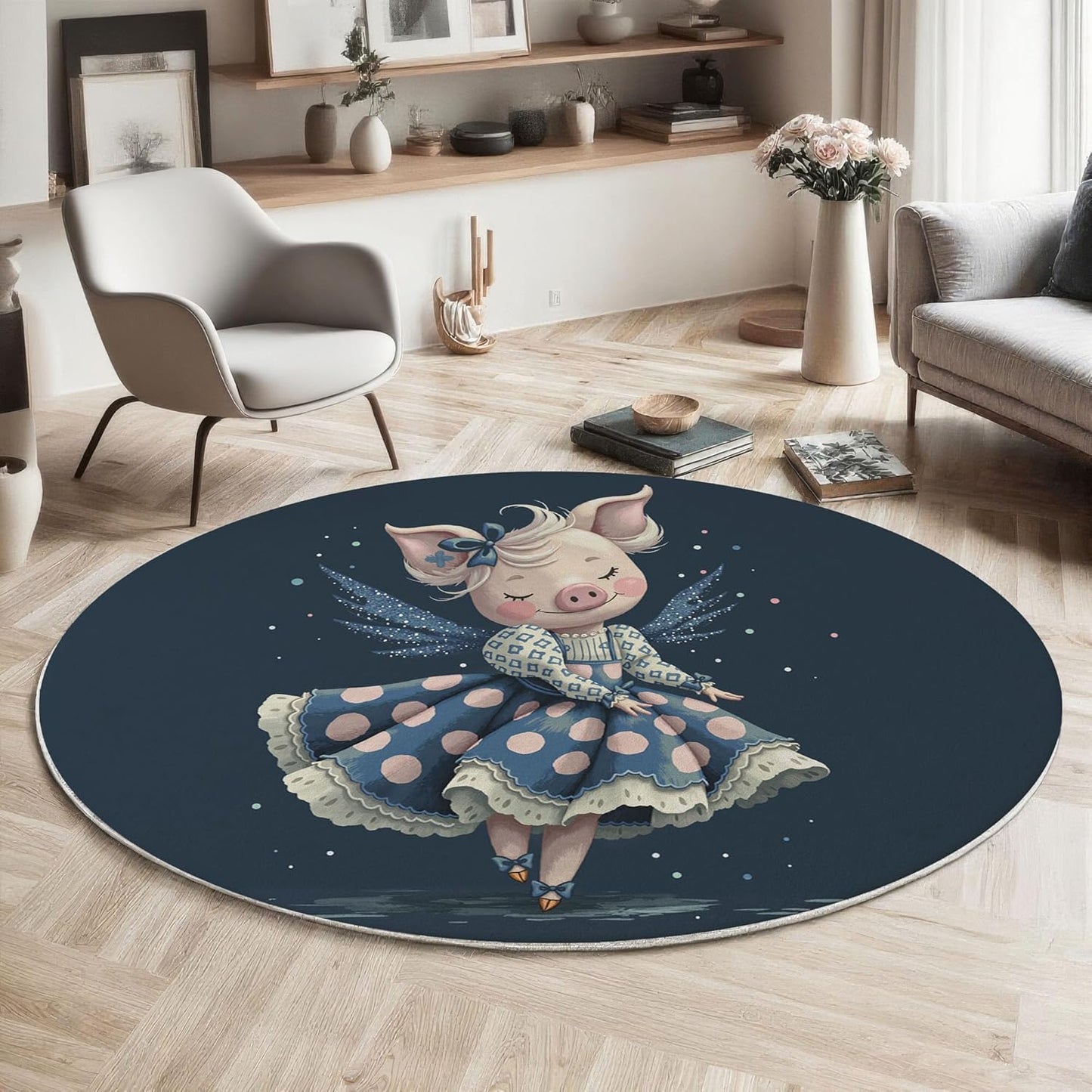 Washable Cute Dress Pig Area Rug, 4Ft Round Rugs for Living Room Soft Carpet for Bedroom Cartoon Animal Indoor Stain Resistant Non-Shedding Floor Carpet, Navy Blue, 4Ft-Round