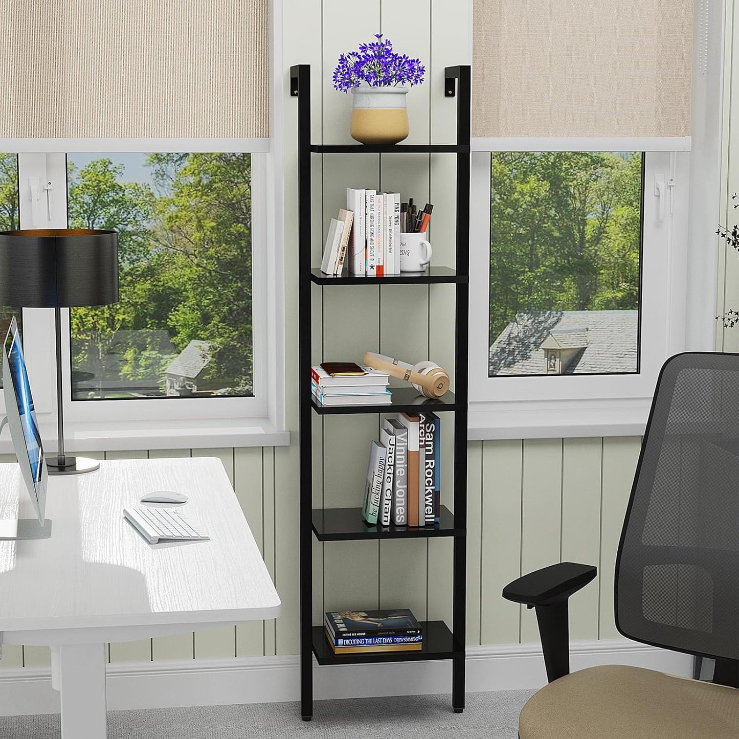 YMYNY 5 Tiers Narrow Ladder Bookcase, Industrial Wall Mounted Bookshelf, Open Display Rack with Metal Frame, Wooden Storage Shelves for Bedroom, Home Office, Living Room, Black, 70*17.3*11.8"UHBC015B