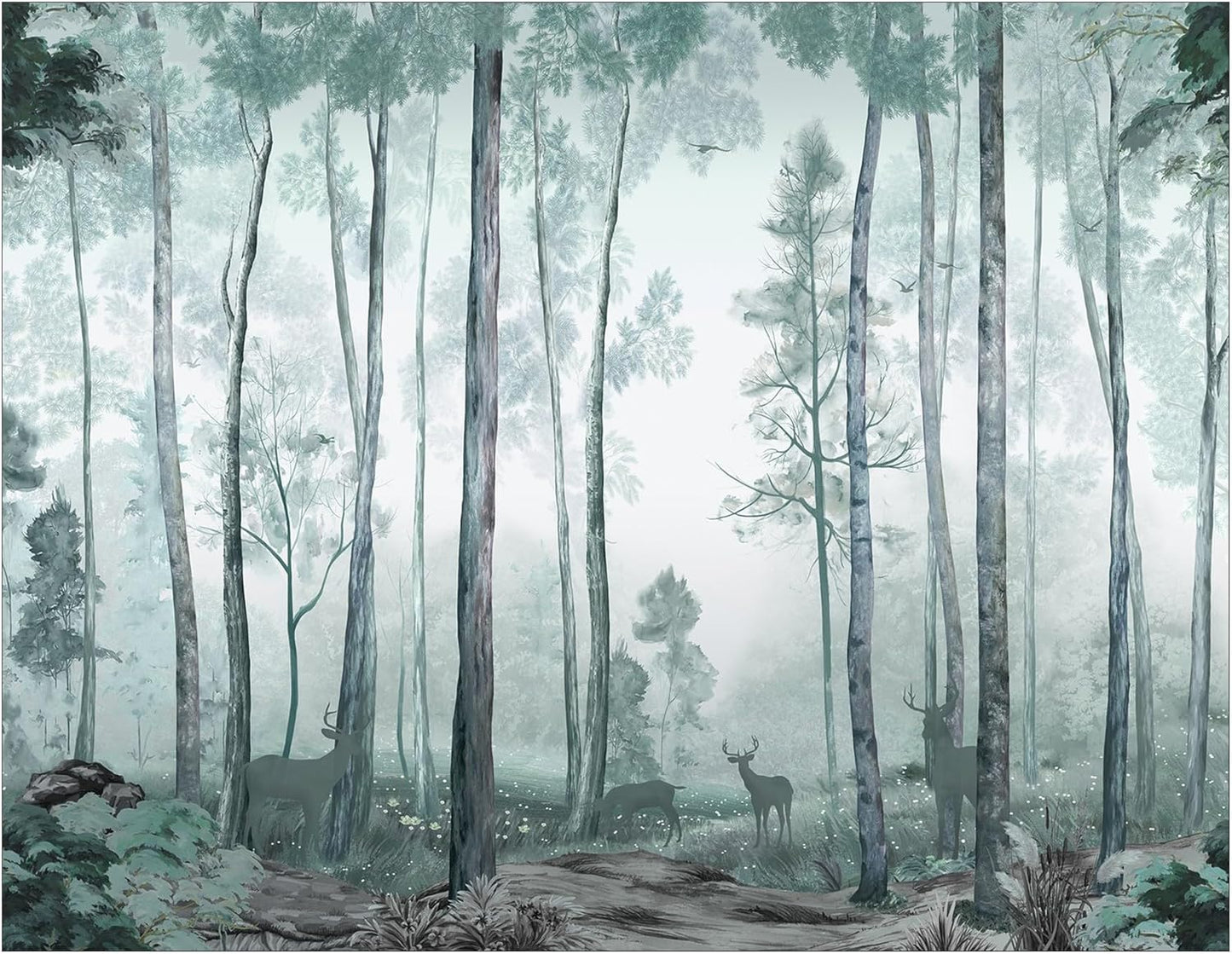 AMUGISH Misty Forest Wall Mural – Tranquil Woodland Scene Wallpaper with Deer and Soft Greenery, Peel and Stick - Ideal for Living Rooms, Bedrooms, and Nurseries