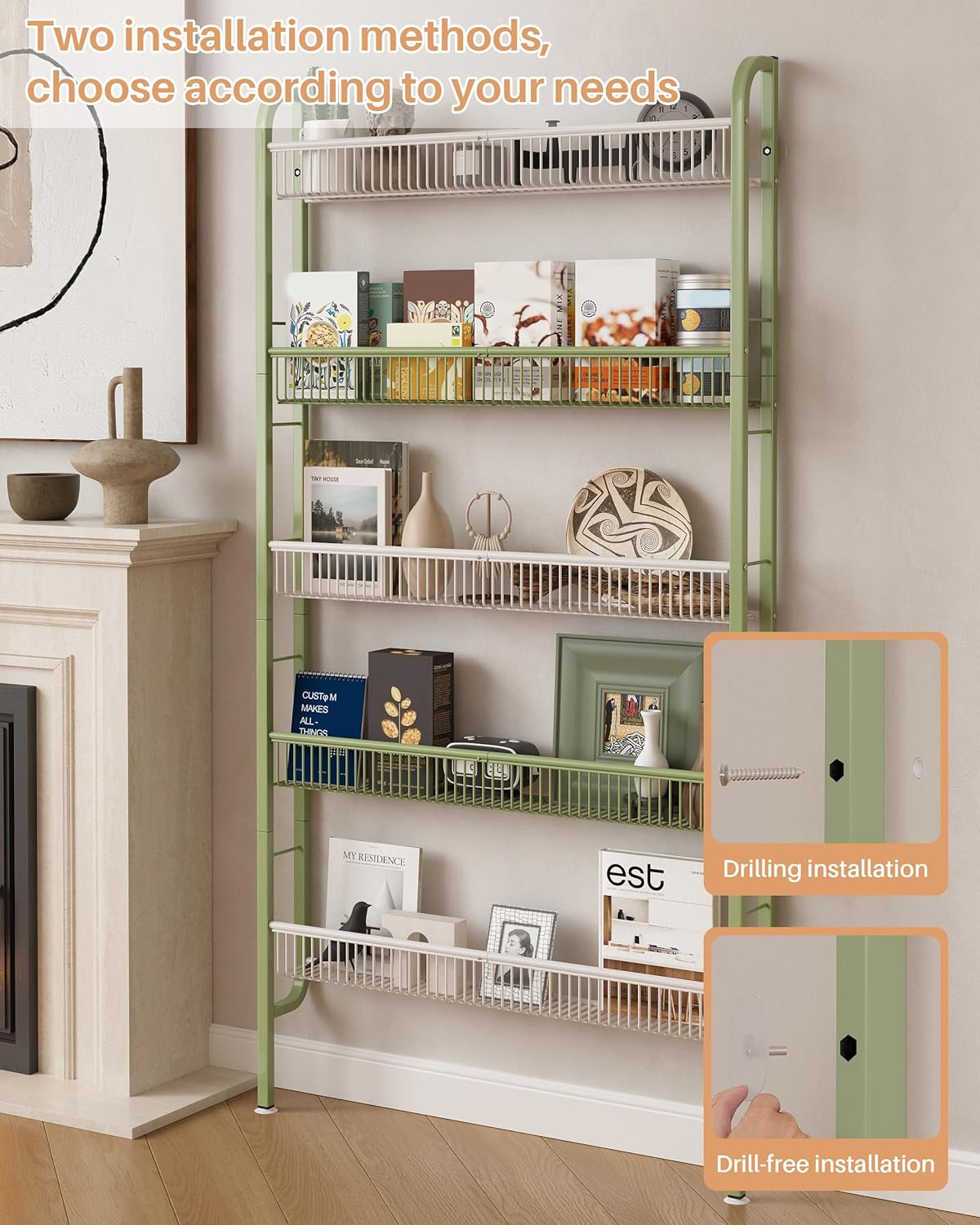 UMDONX Behind The Door Bathroom Shelf Narrow 5-Tier, Space-Saving Slim Storage Shelf Narrow Shelving Unit for Bathroom and Kitchen White+Green
