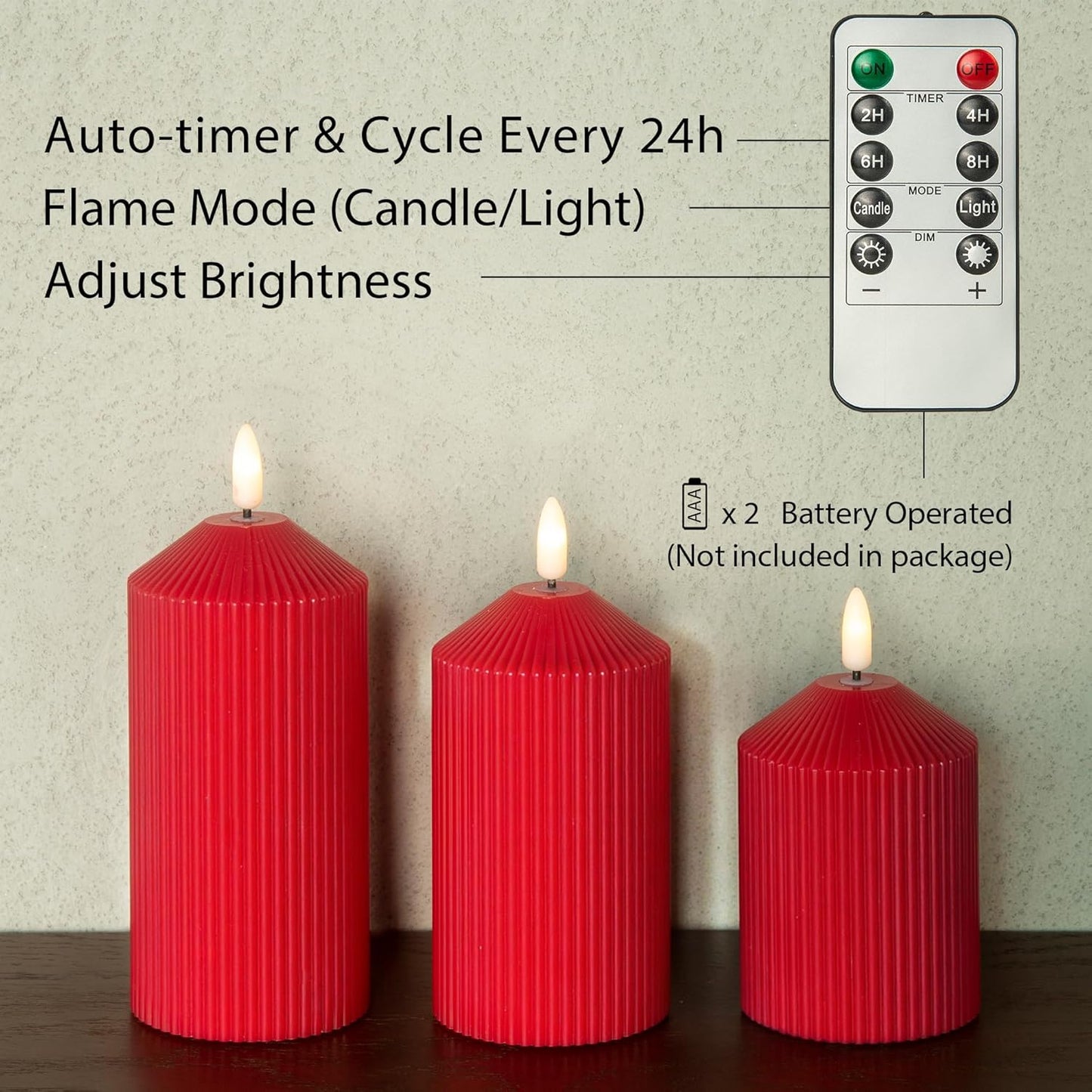 Flameless Candles with Remote, Battery Operated Candles Real Wax LED Fake Pillar Candles with Timer Flickering Flame for Wedding Home Party, Set of 3 Red