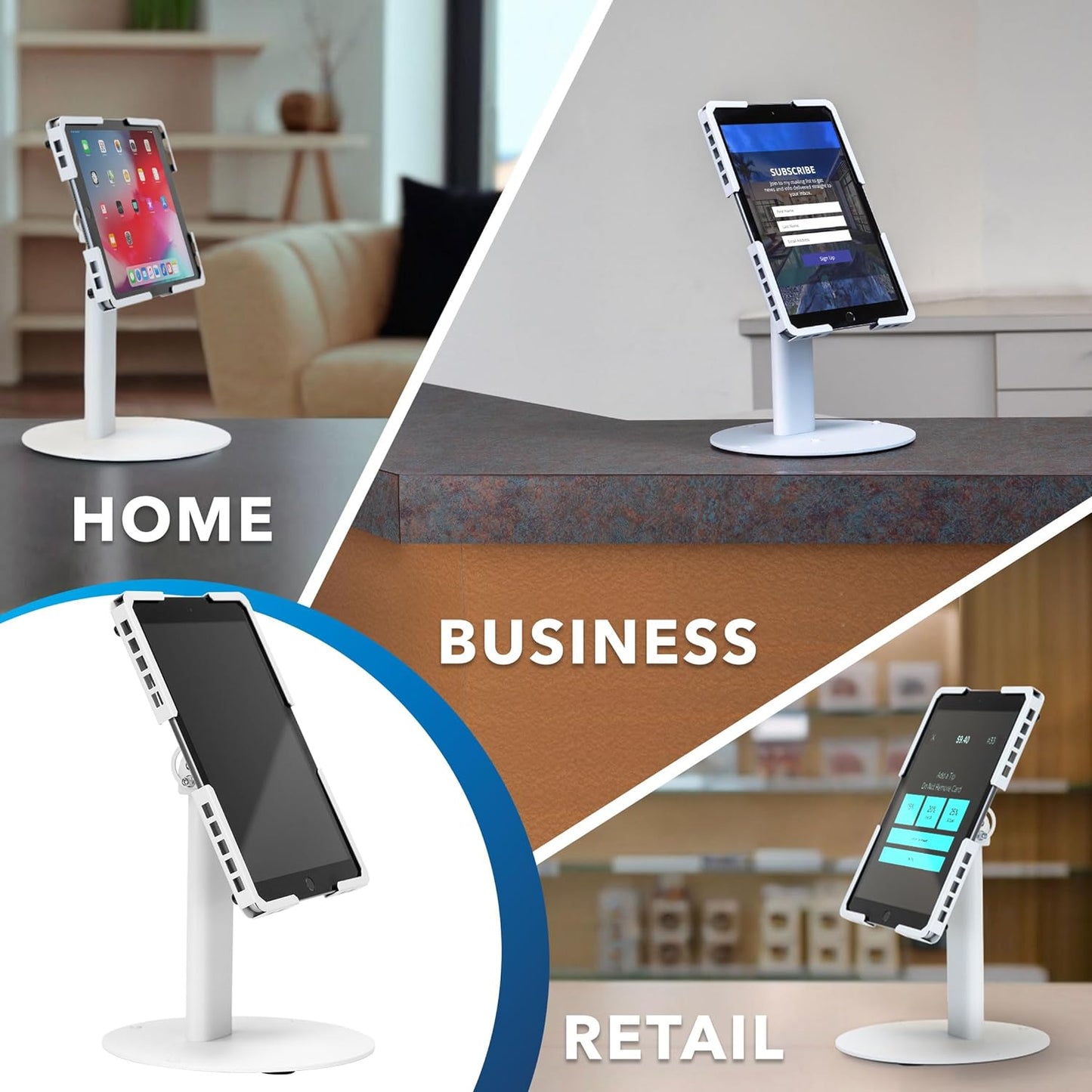 Mount-It! Universal Tablet Stand with Tilt, Anti-Theft Retail iPad POS Kiosk Stand, Fits 9.7"–13.1" Tablets, 90° Rotation & 180° Tilt, 20 lb Capacity, Steel Countertop Mount, White