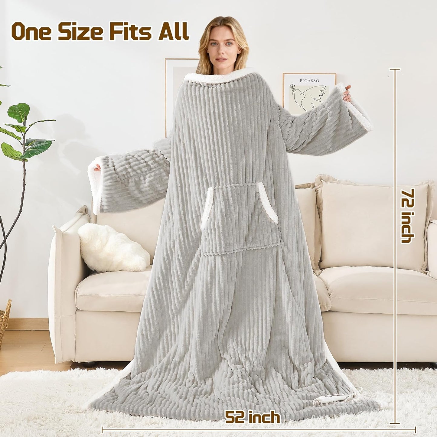 Heated Wearable Electric Blanket with Sleeves & Foot Pocket, Stripe Fleece Sherpa, 6 Heat Levels 12H Timer Setting, Over-Heat Protection, Machine Washable, 52x72 Inches Light Gray for Office/Home/Gift